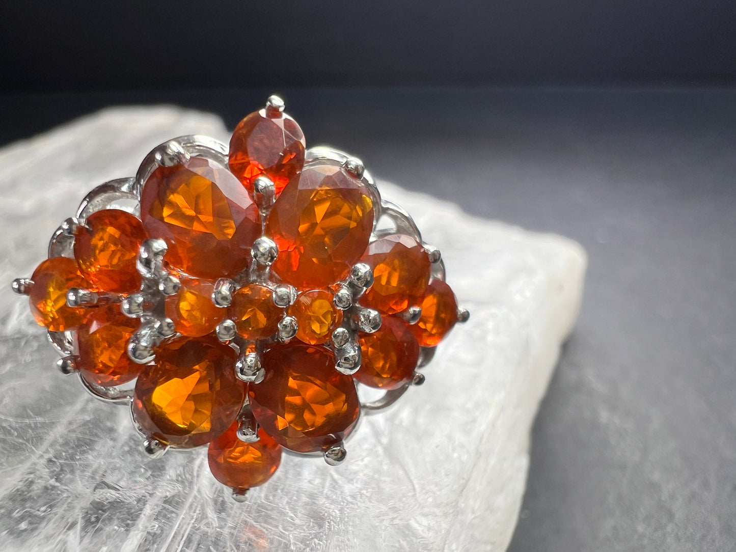 Vintage Sterling Silver Mexican Fire Opal Floral Cluster Ring Sz 9