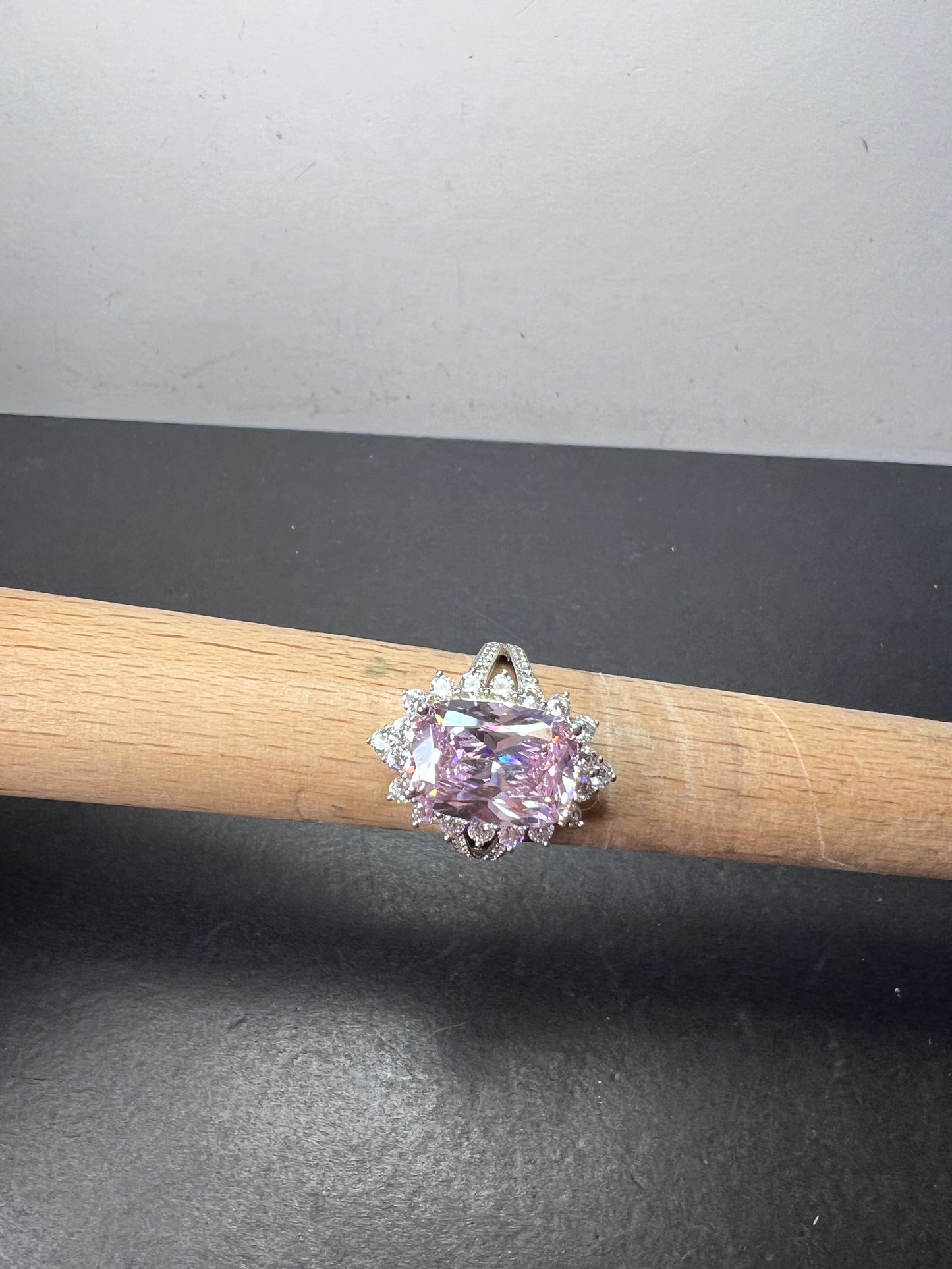 Pink and white CZ sterling silver halo ring size 8