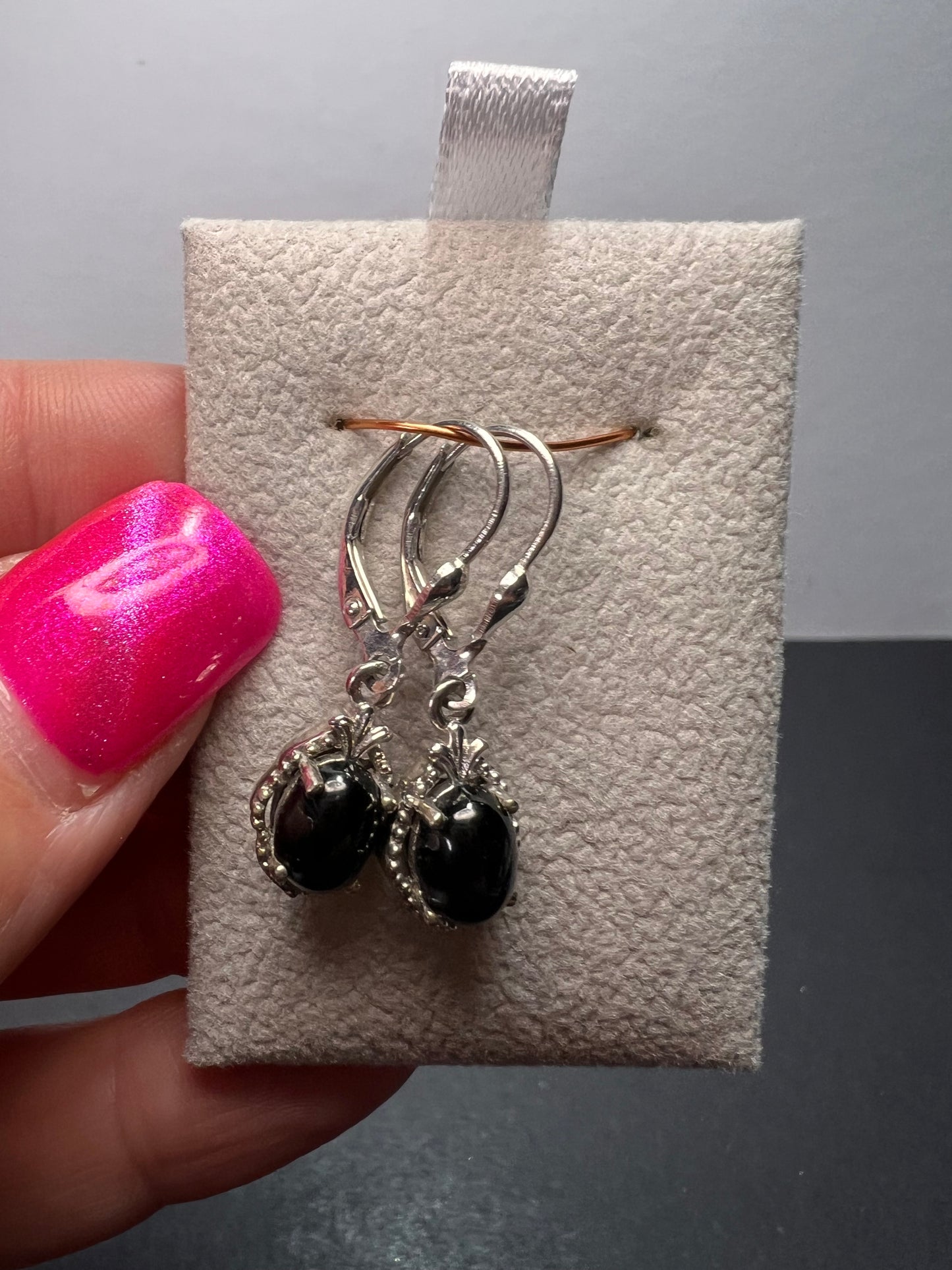 Black star sapphire sterling silver leverback earrings