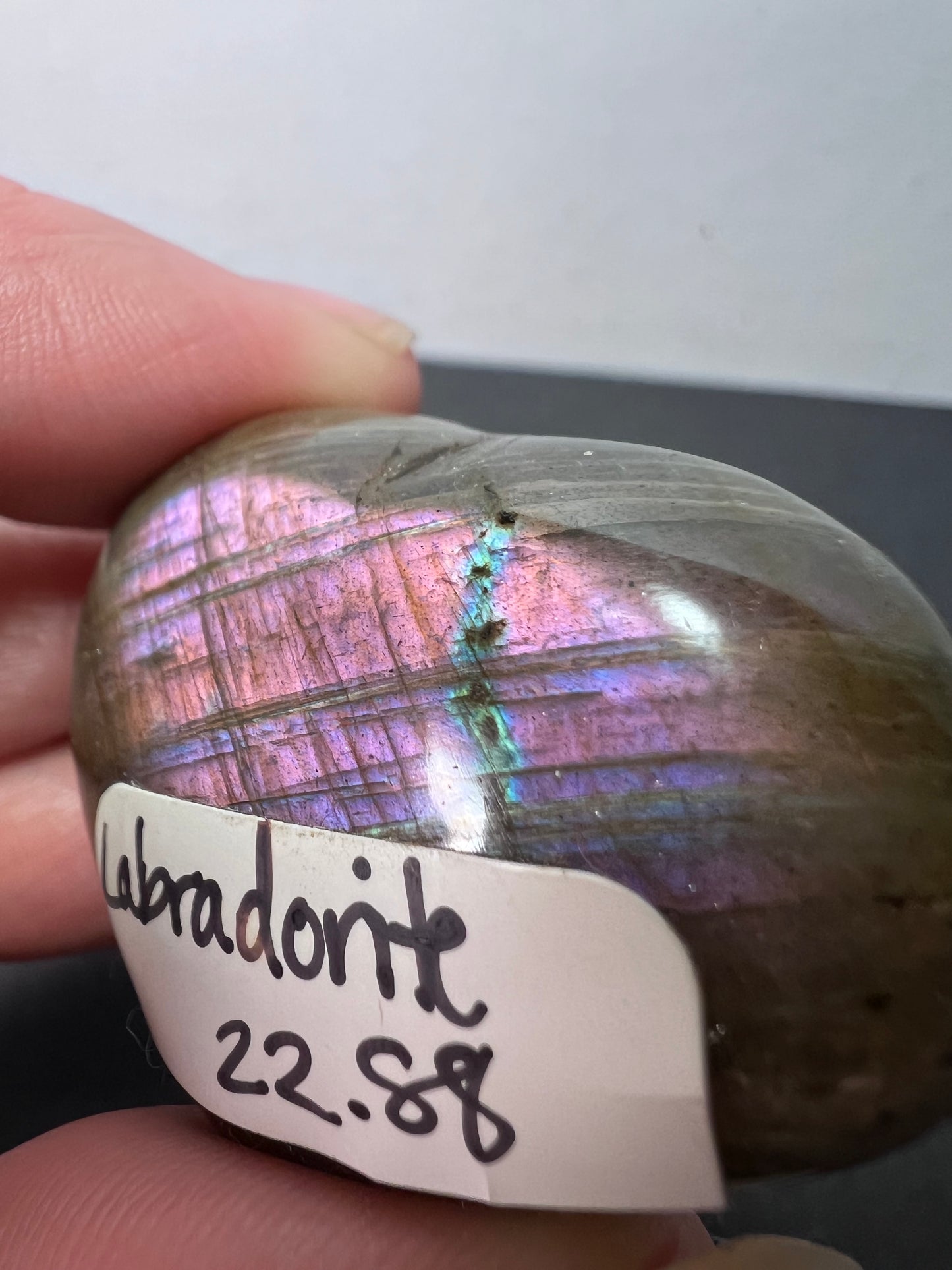 Labradorite heart with pink and purple flash