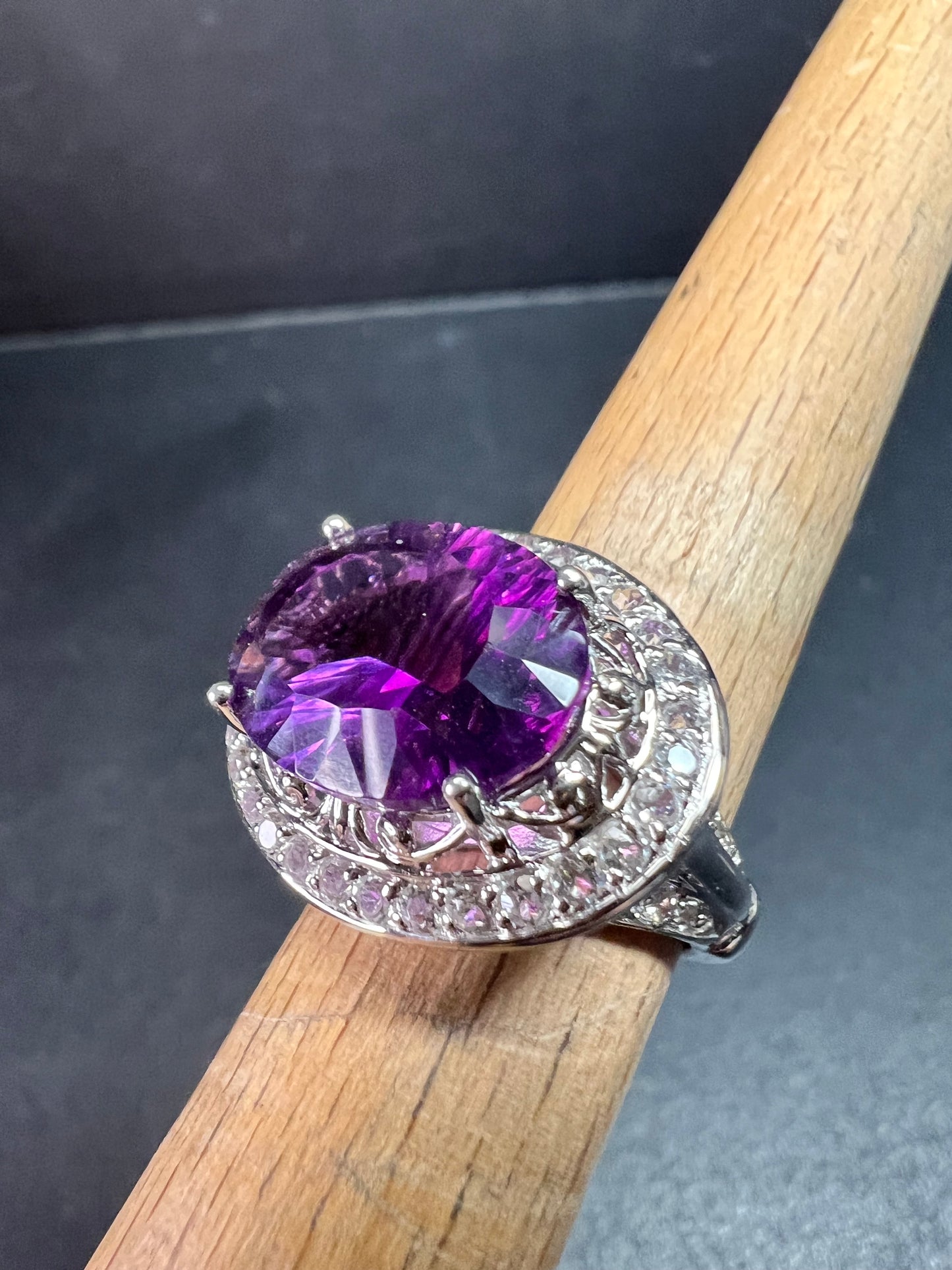 Sterling Silver Purple Fluorite & White Topaz Halo Ring Size 6