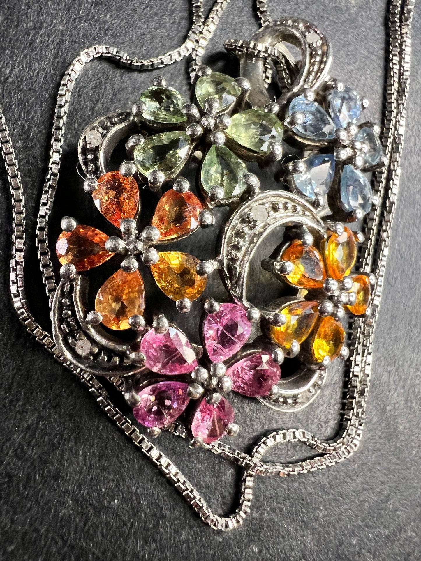 Vintage Sterling Silver Multi Sapphire & Diamond Flower Pendant