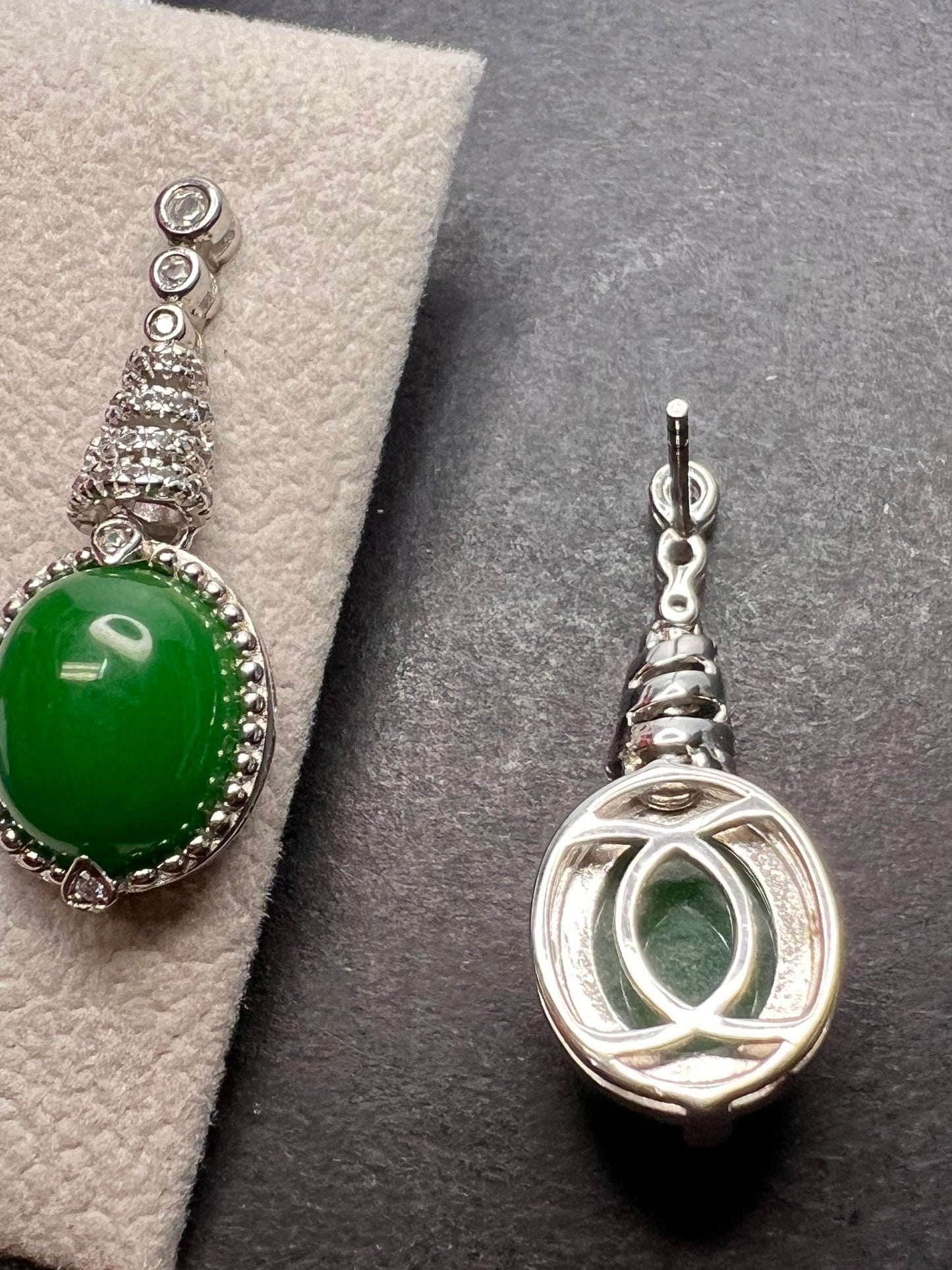 Green jade spiral drop sterling earrings