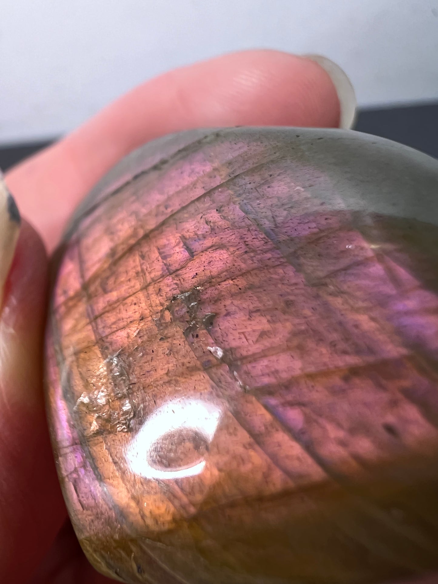 Labradorite heart with pink and purple flash