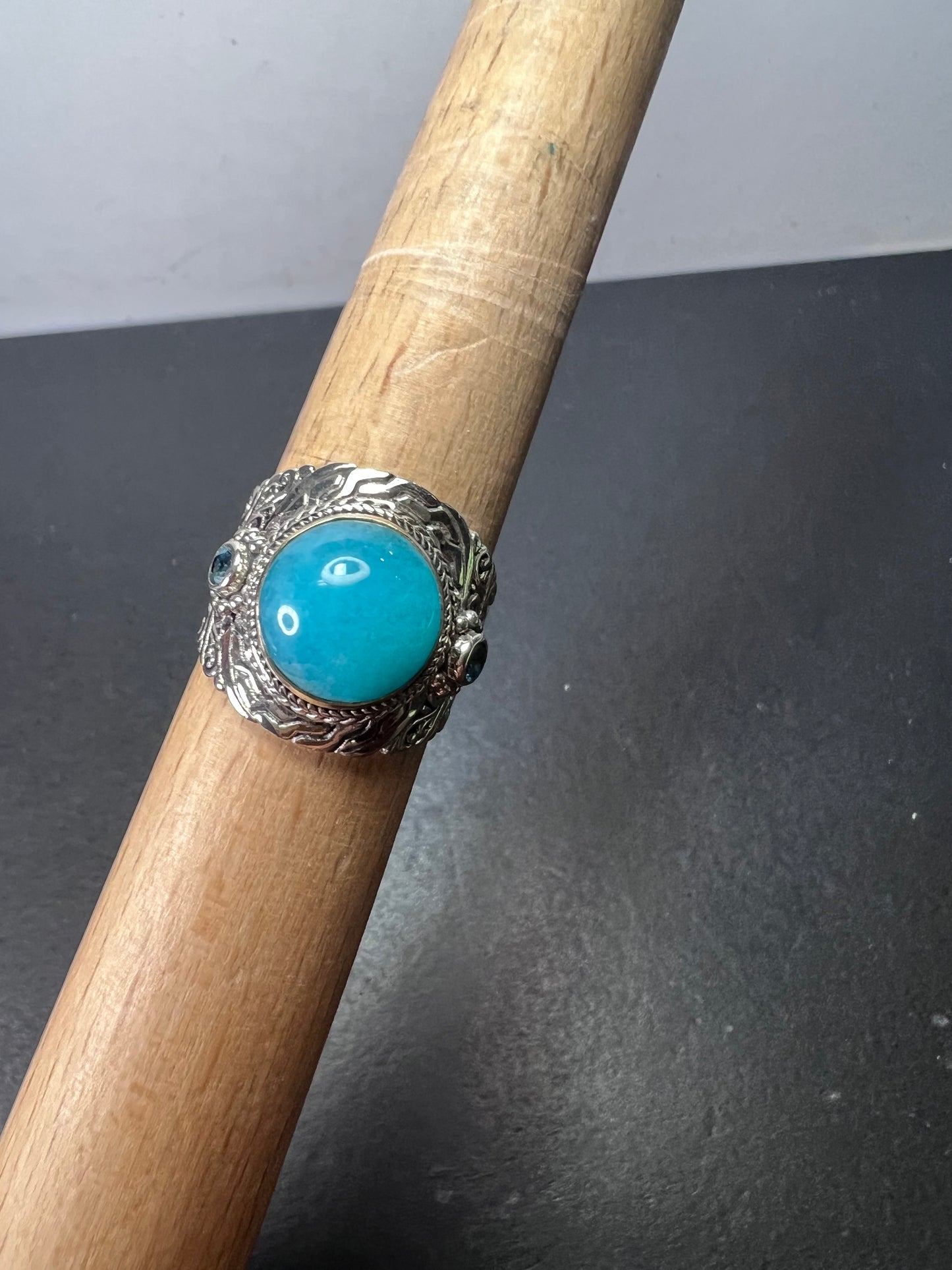 Sarda Peruvian amazonite and London blue topaz sterling silver statement ring size 9