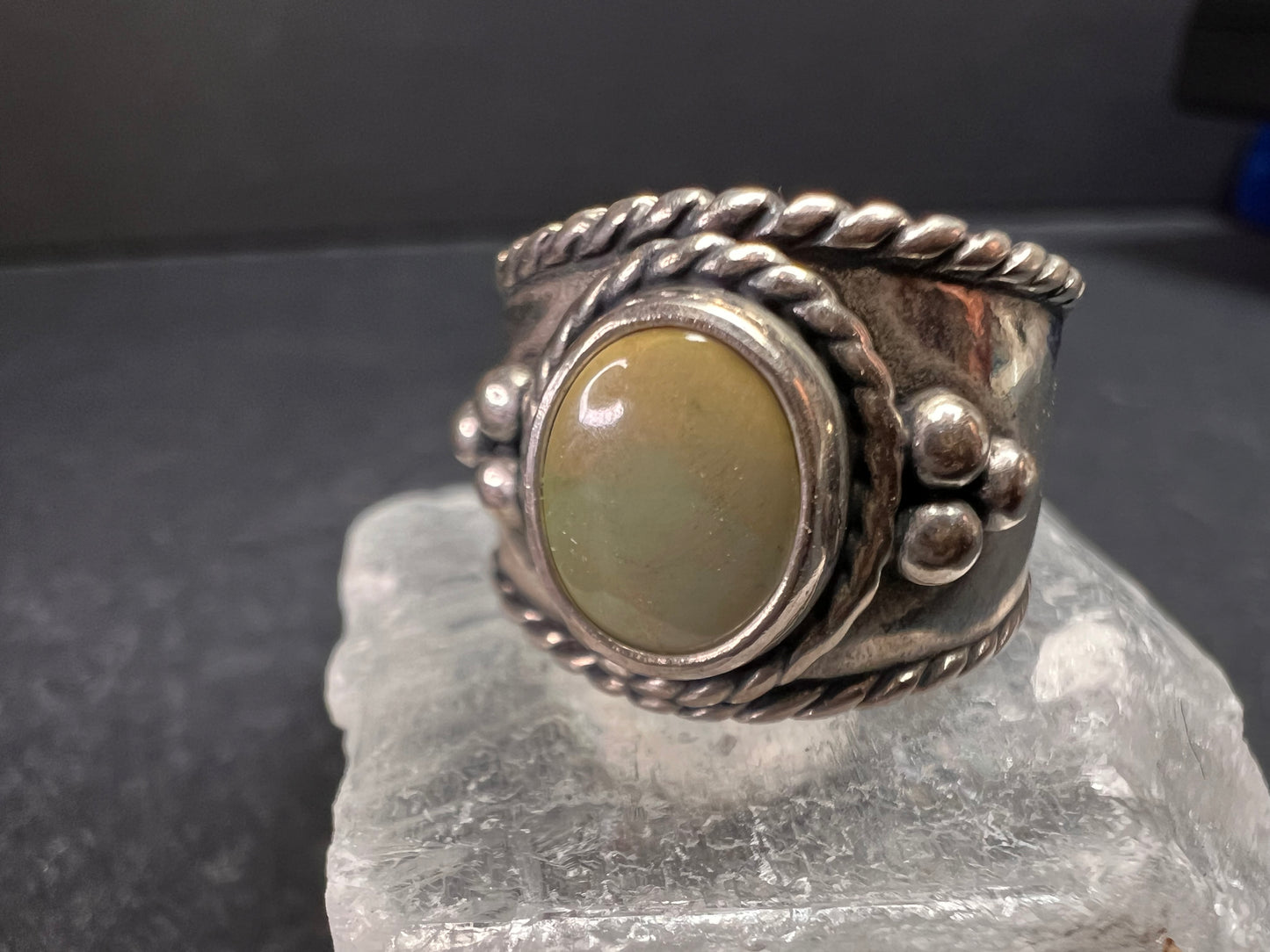 Vintage Sterling Silver Size 6 Ring | Artisan Style Green Cabochon Band