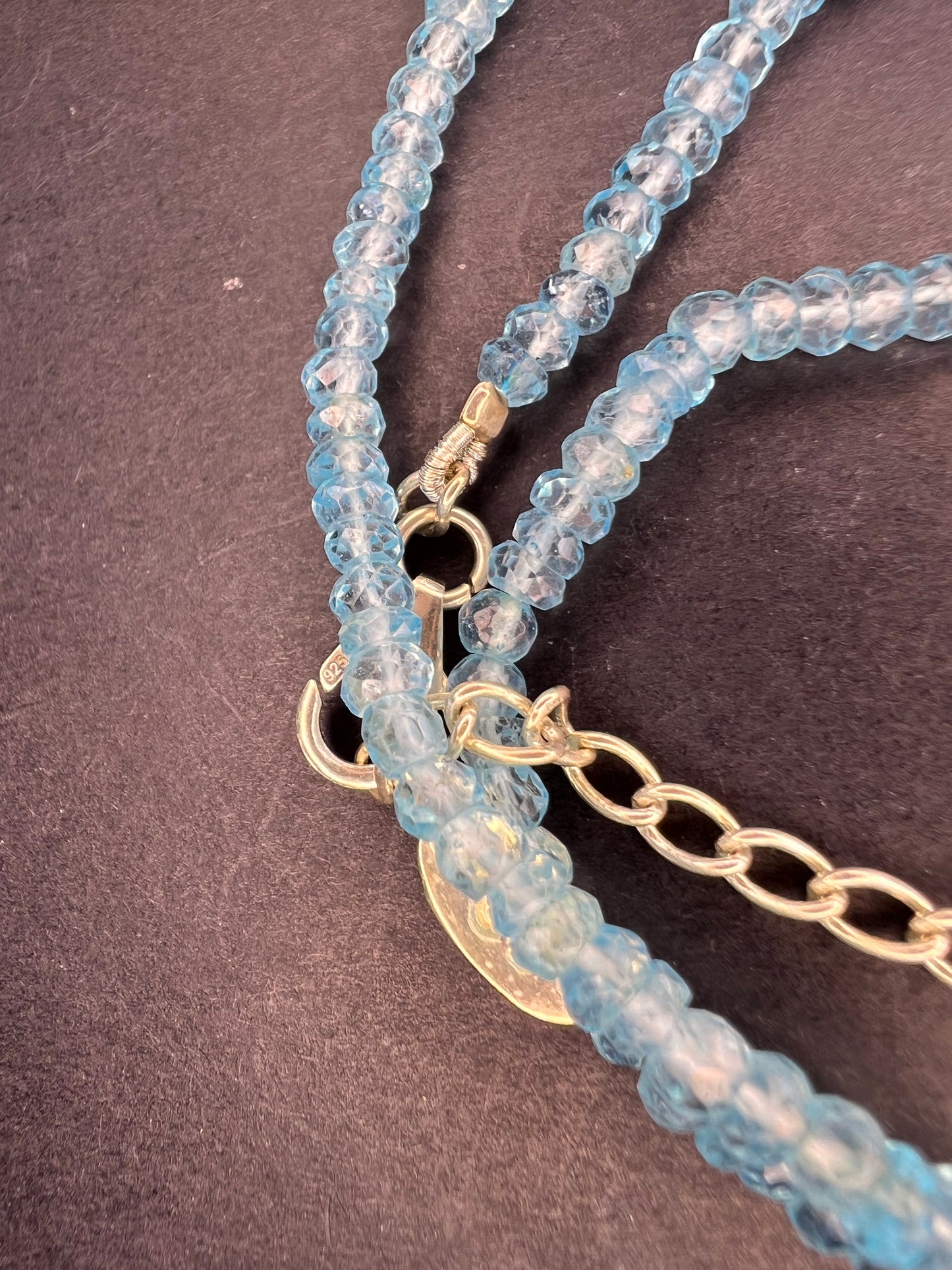 Blue topaz faceted beaded necklace by Aryo with sterling clasp and extension