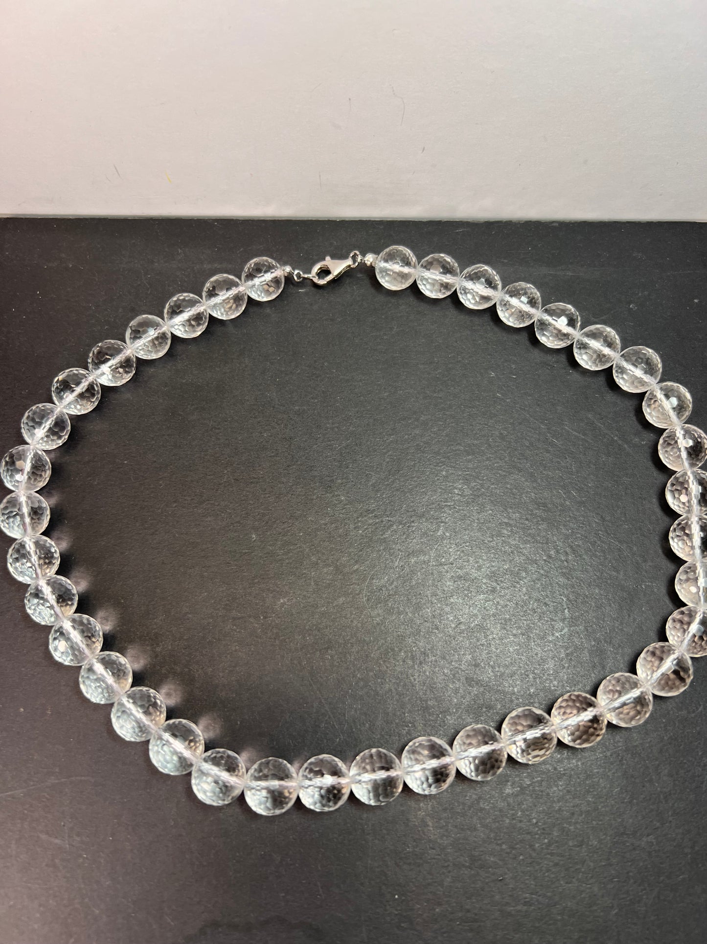 Clear faceted quartz beaded necklace with sterling silver clasp