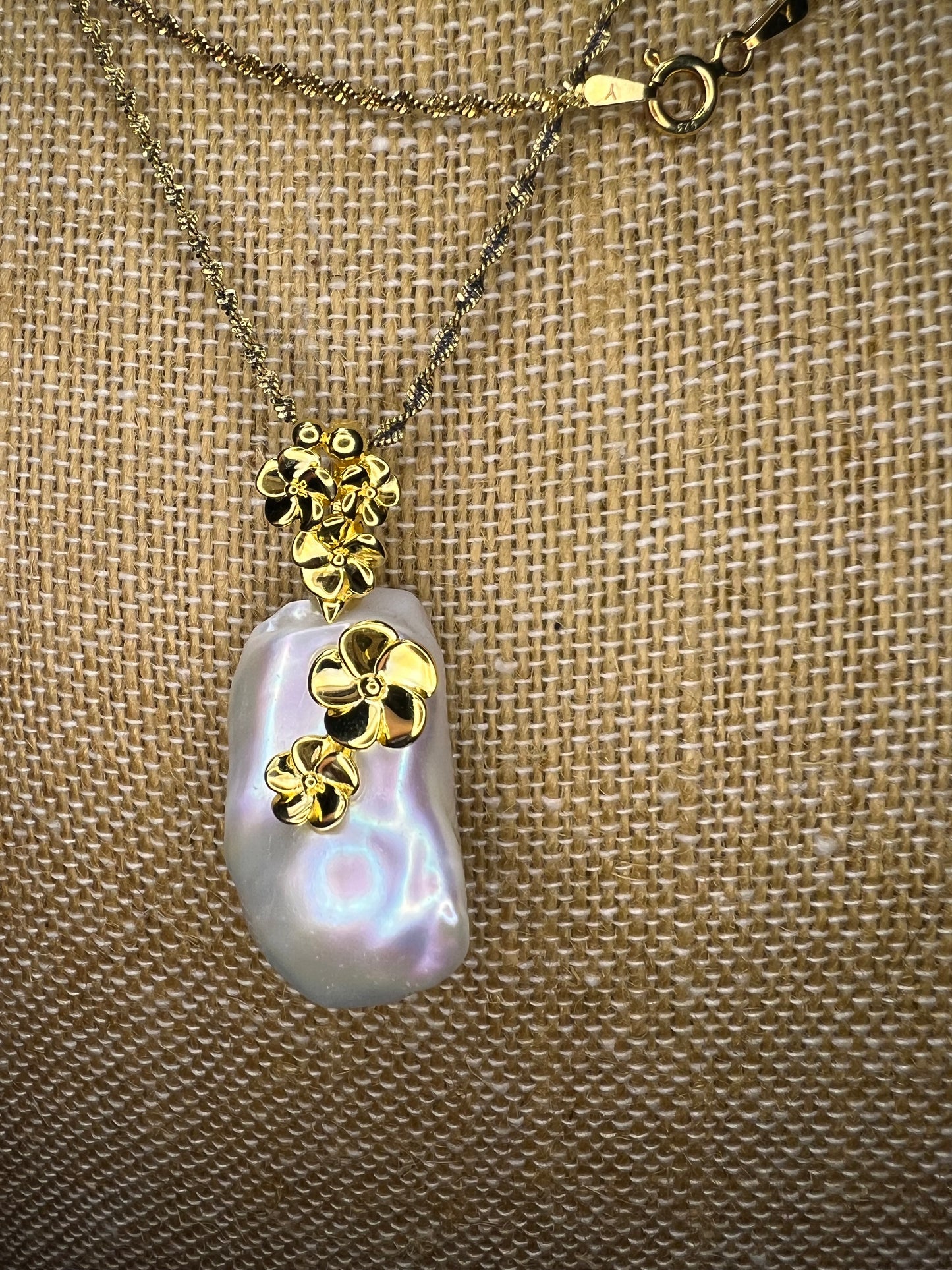 Baroque pearl floral pendant necklace with 30 inch gold over sterling silver chain