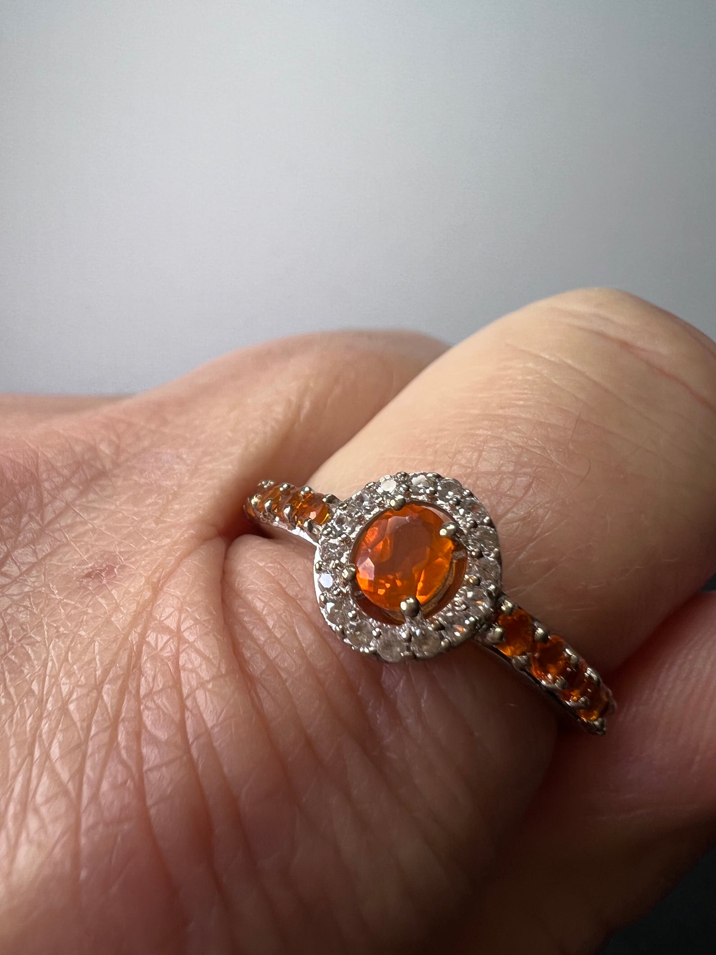 Mexican fire opal halo ring in sterling silver size 9