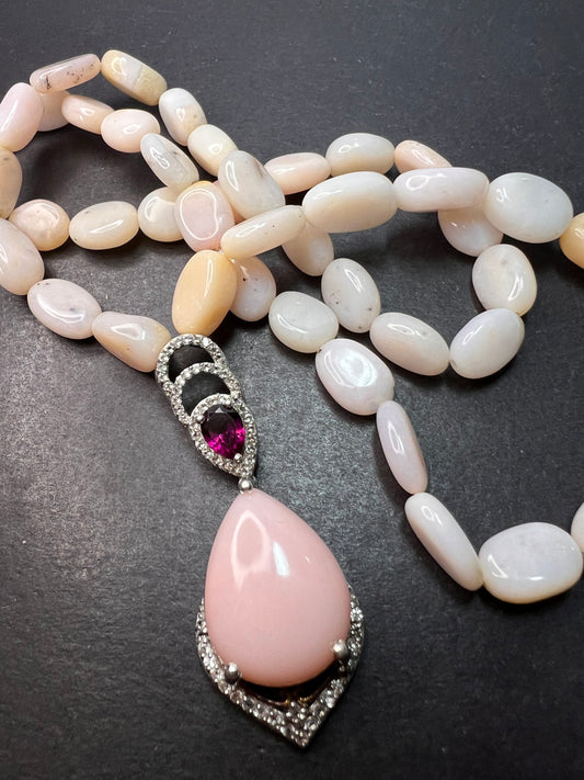 Peruvian pink opal and raspberry rhodolite garnet sterling silver necklace