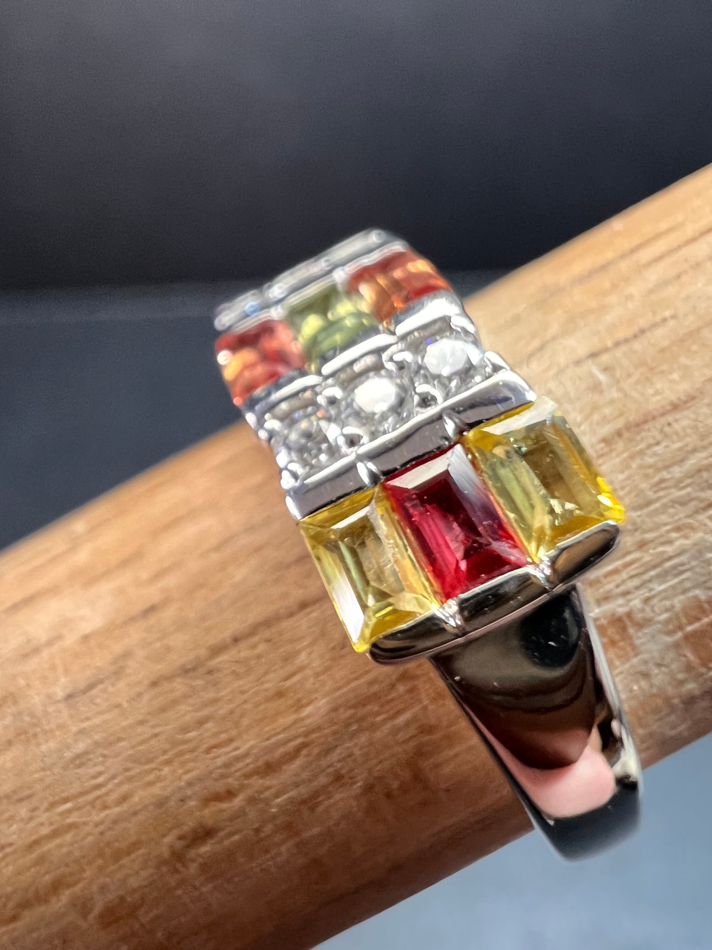 NEW multi sapphire and moissanite art deco style ring in rhodium over sterling silver size 5