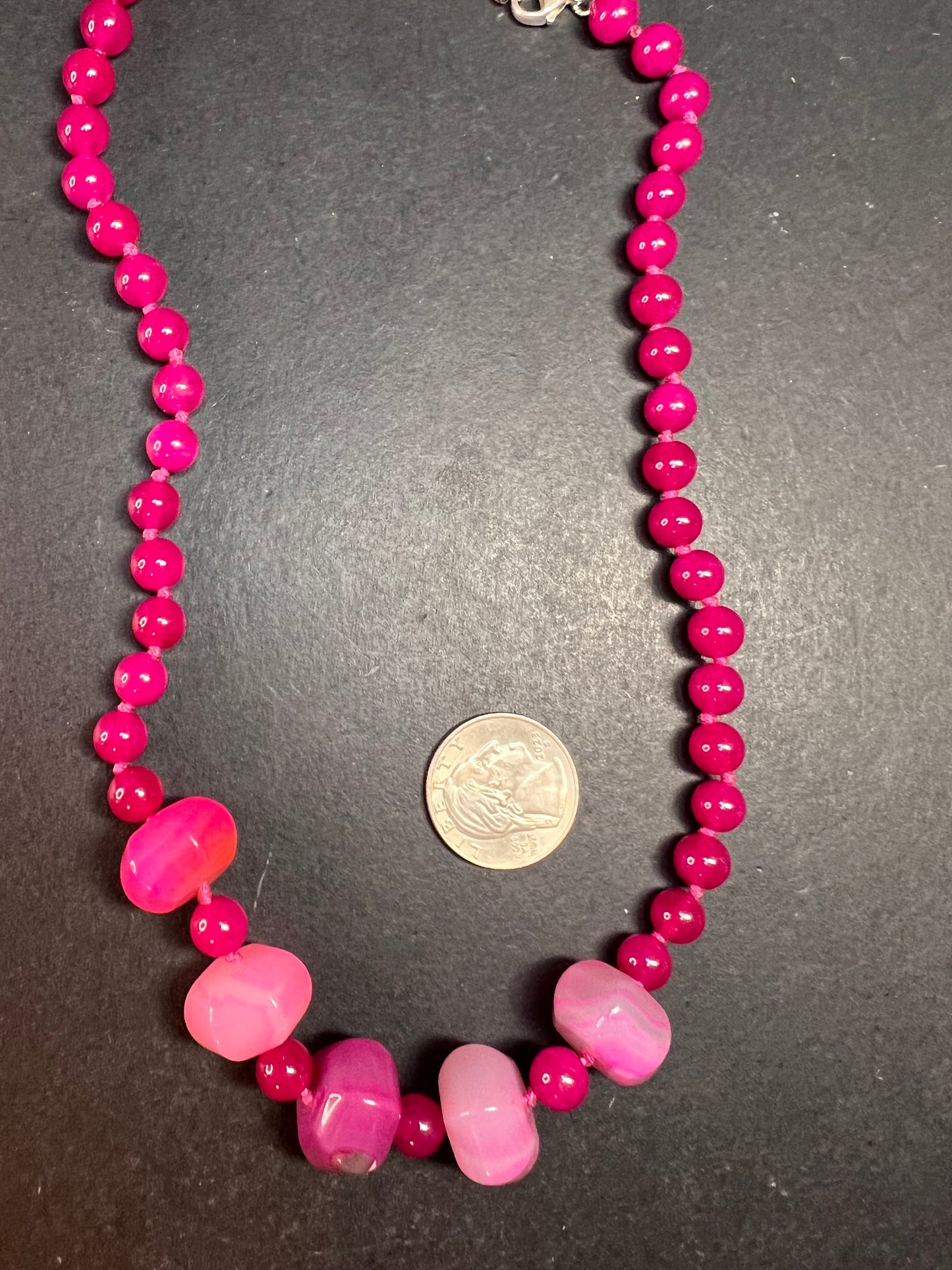 NEW Fuchsia pink dyed agate beaded necklace with sterling silver clasp