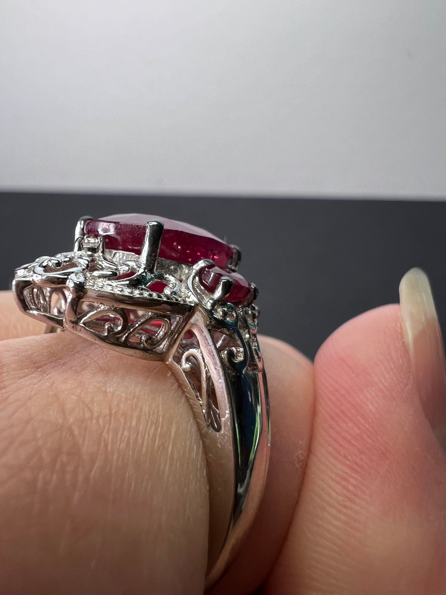 Ruby and white topaz sterling silver cocktail ring size 9