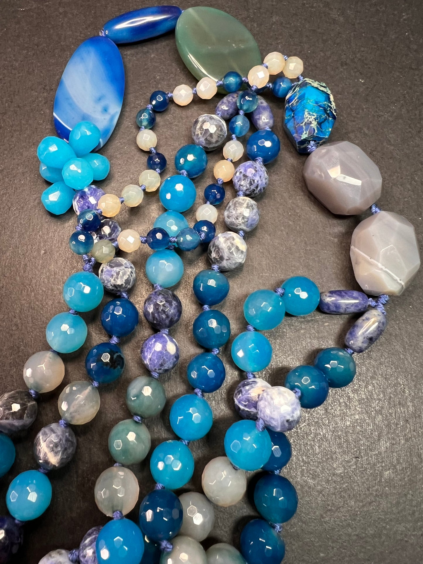 NEW multi blue semi precious stone station 36 inch necklace with sterling silver clasp