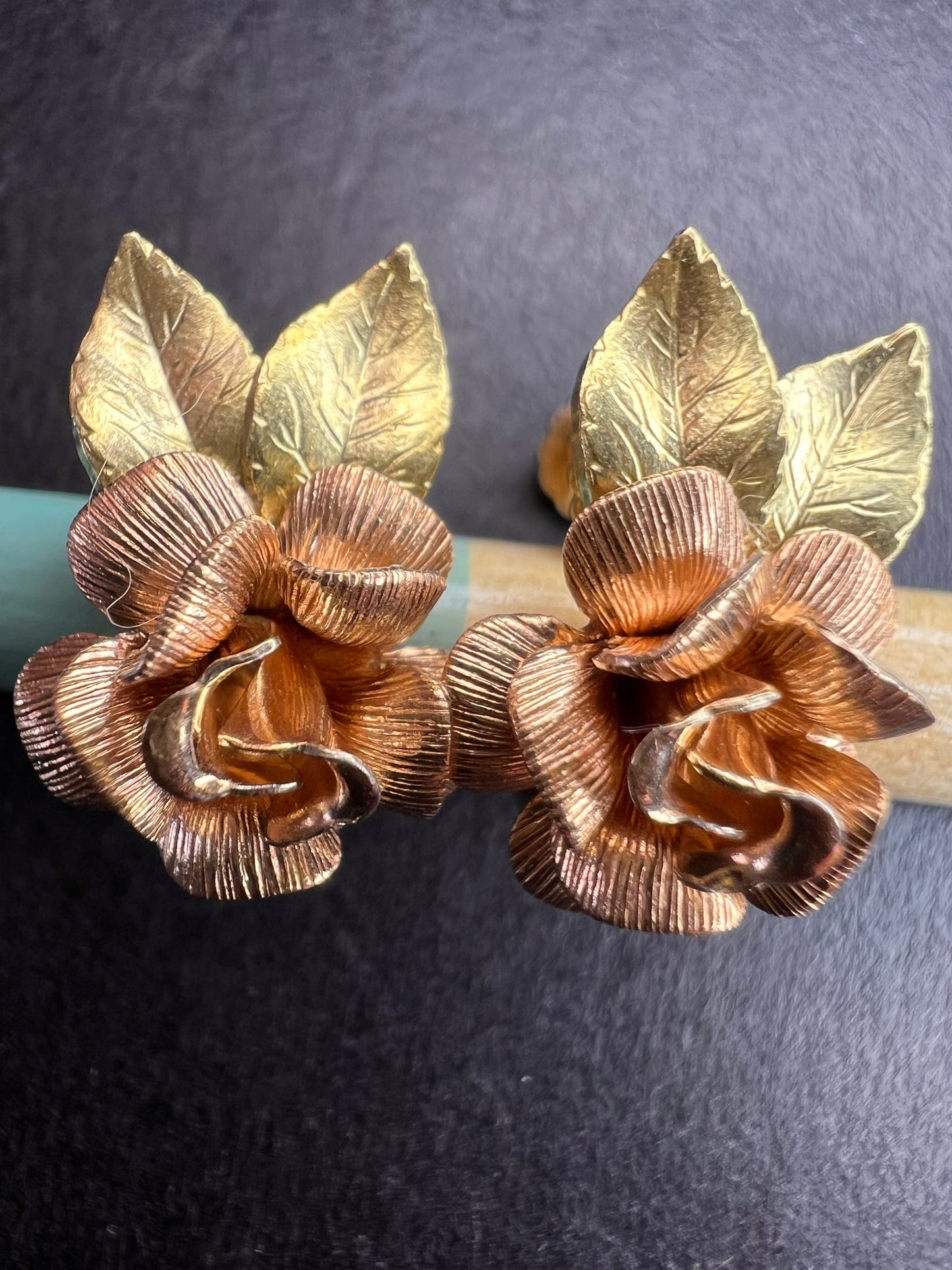 Vintage Krementz Rose and yellow gold tone Flower Leaf Screw Back Earrings