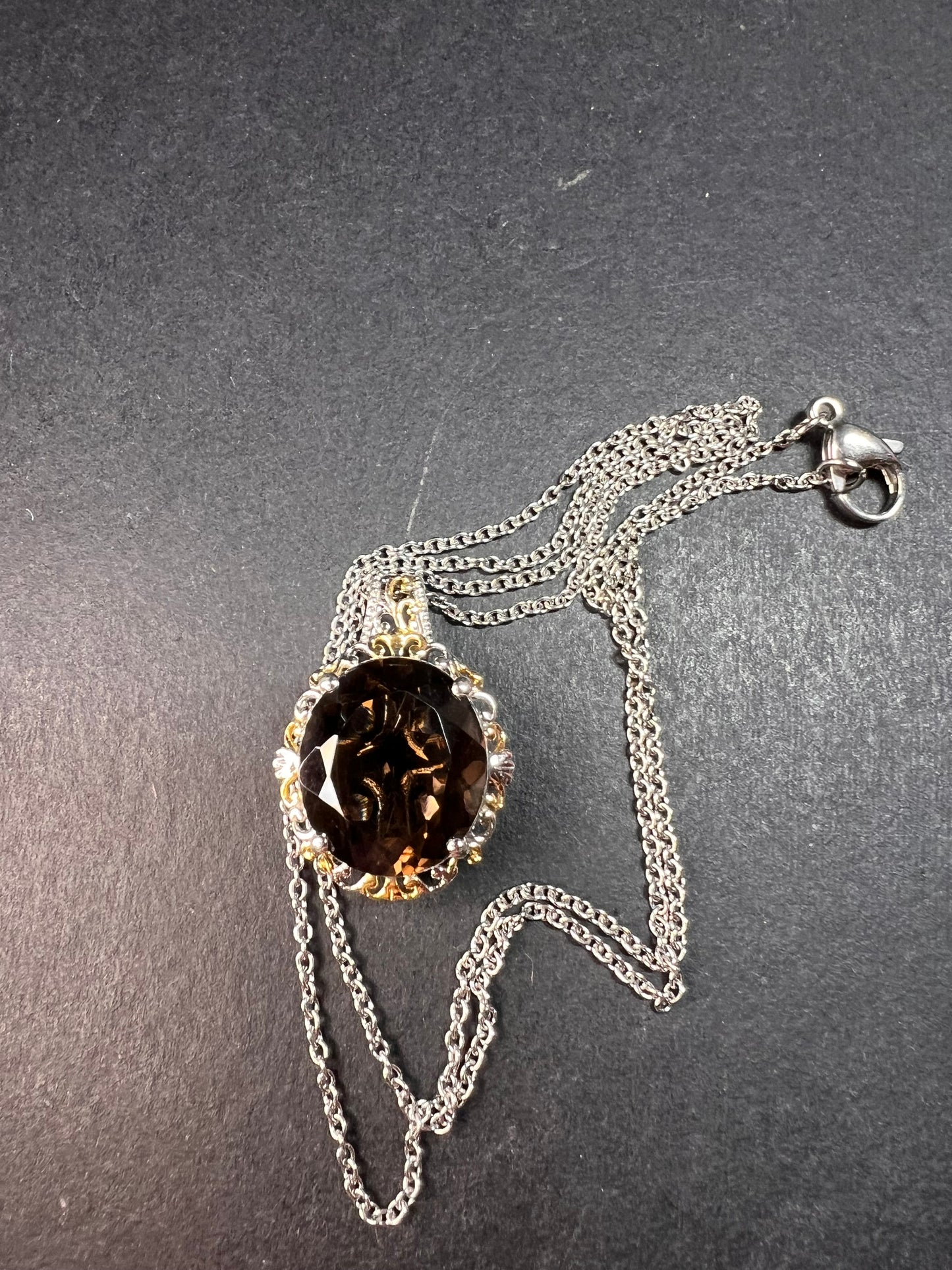 NEW Smoky Quartz pendant necklace in platinum and YG over brass and stainless steel 20 inches