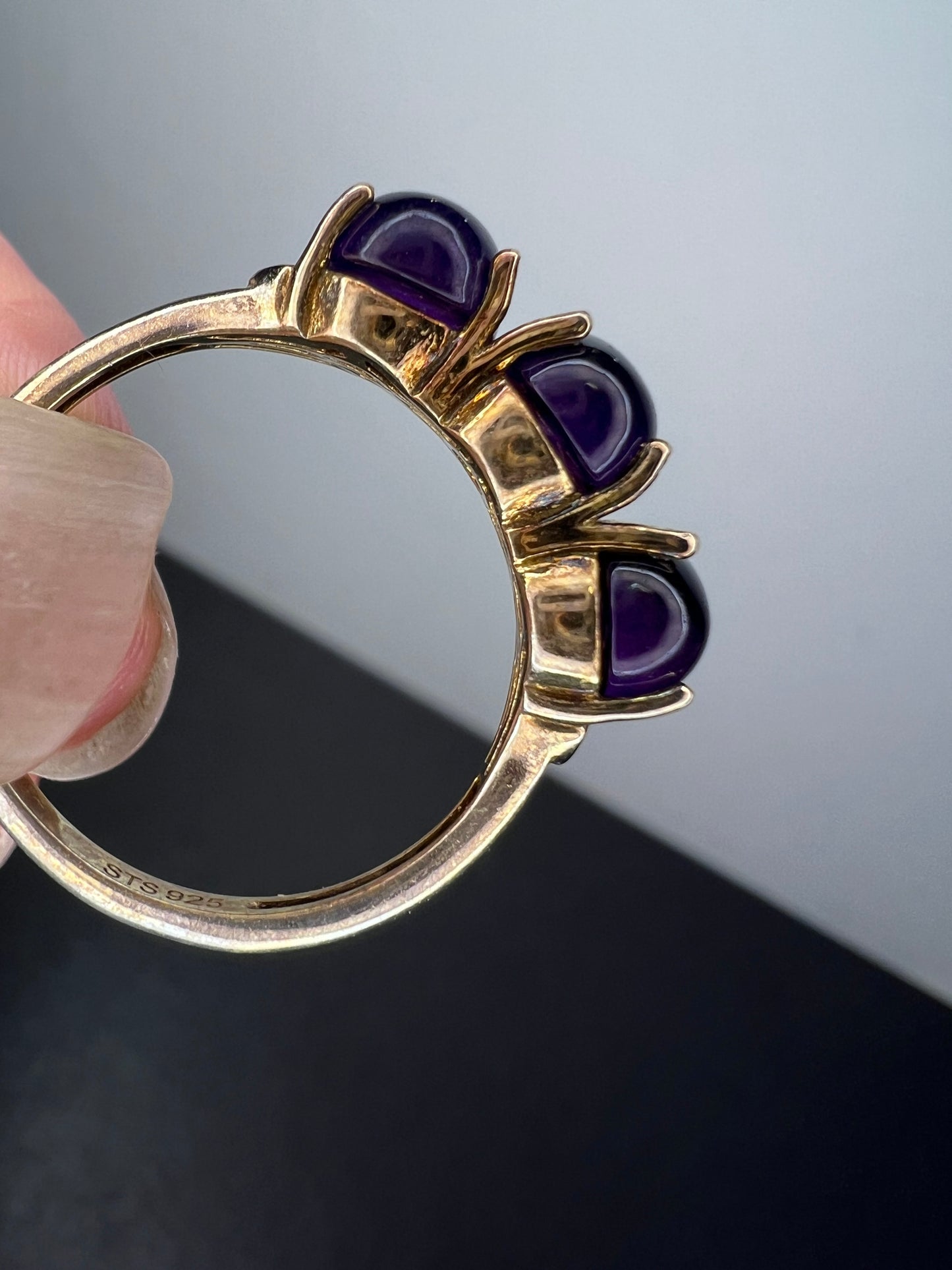 Triple amethyst stone ring in gold over sterling silver size 9