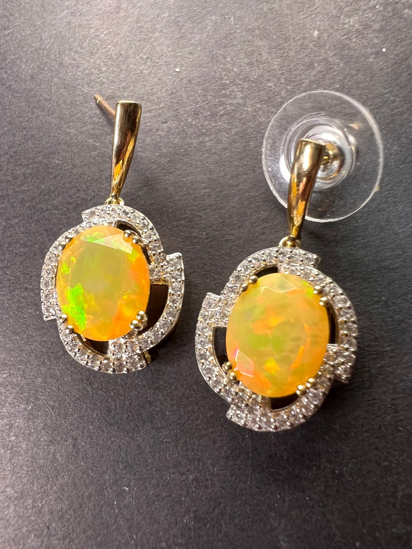 10k gold Ethiopian opal and white zircon earrings