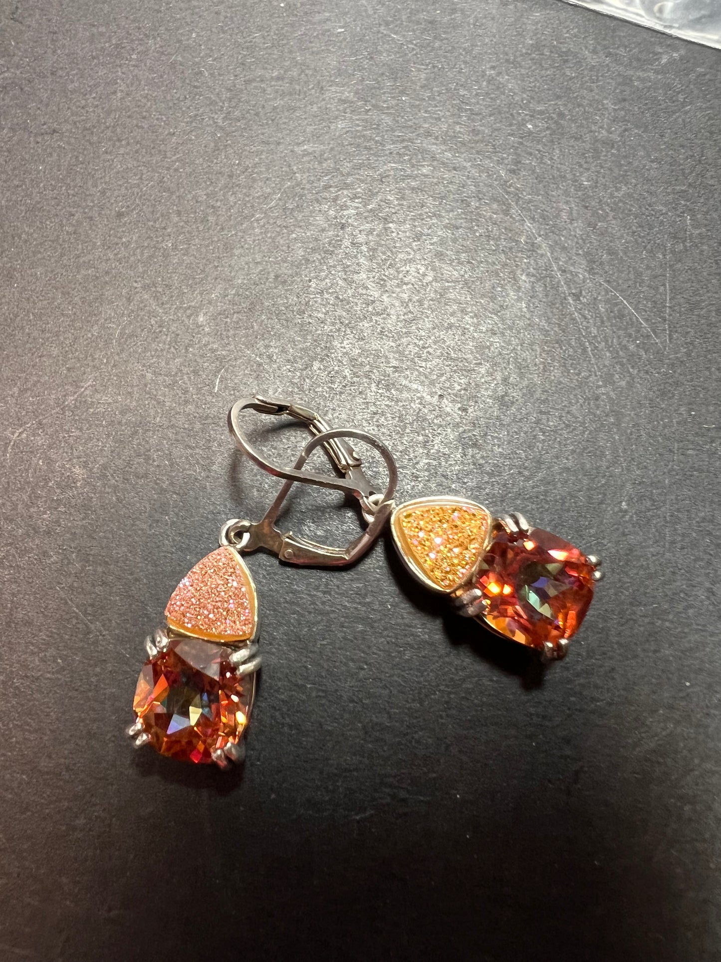 Orange mystic quartz gemstone and druzy sterling silver earrings