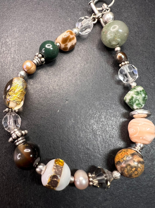 Vintage sterling silver, semi precious stones and glass toggle 8 inch bracelet