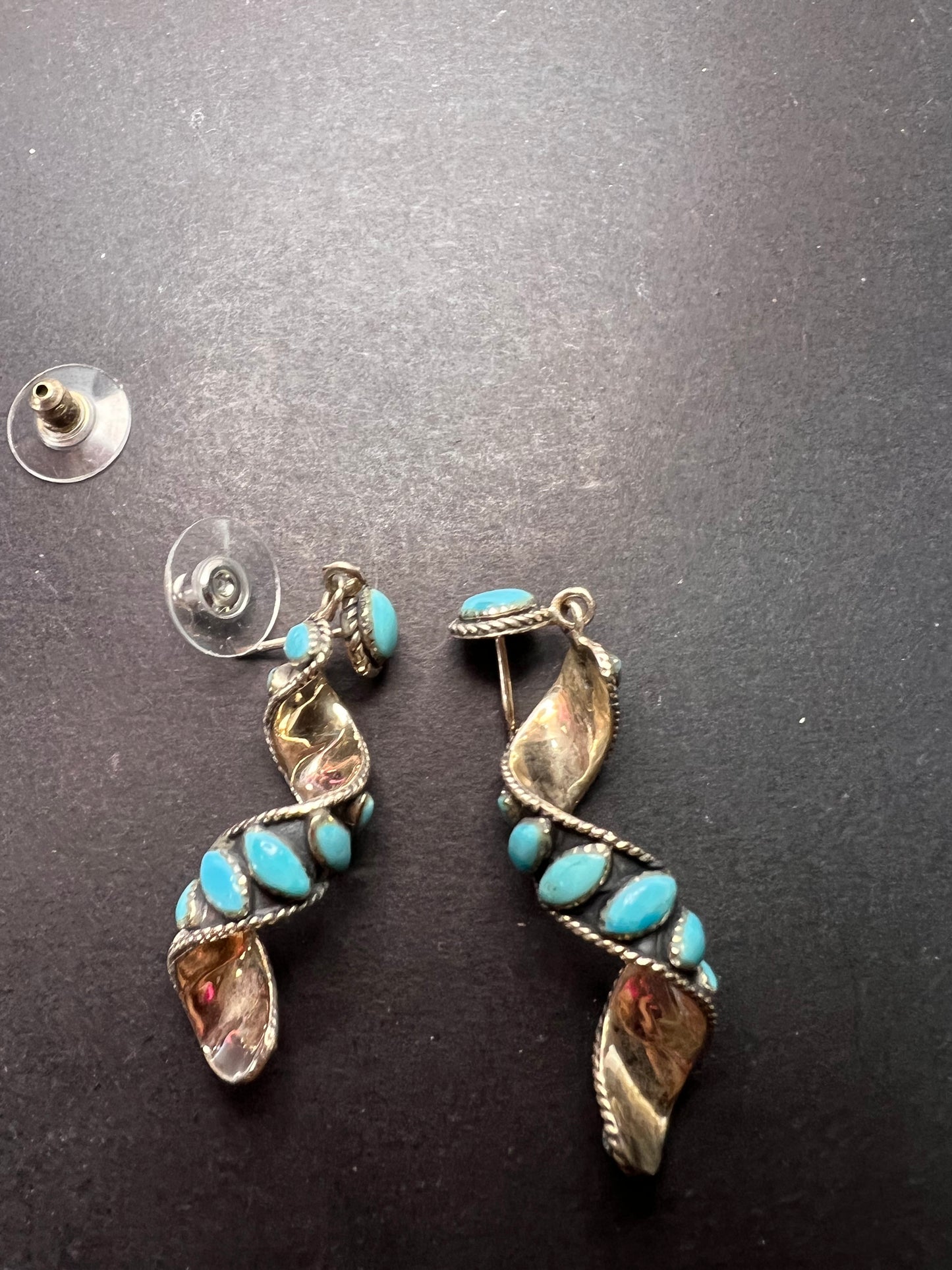 Santa Fe style Kingman turquoise swirl twisted drop sterling silver earrings