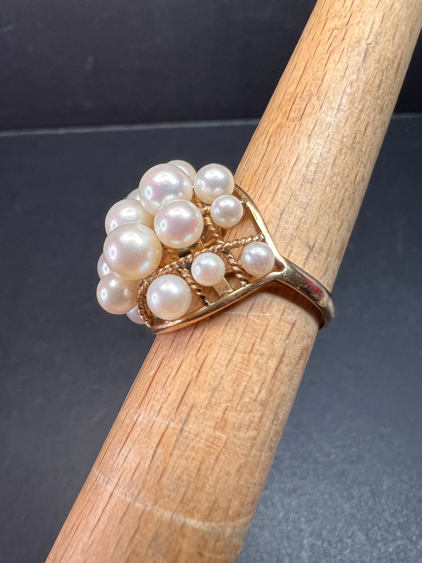 Vintage 14K Gold Cluster Pearl Cocktail Ring – Mid Century Dome Design- size 6
