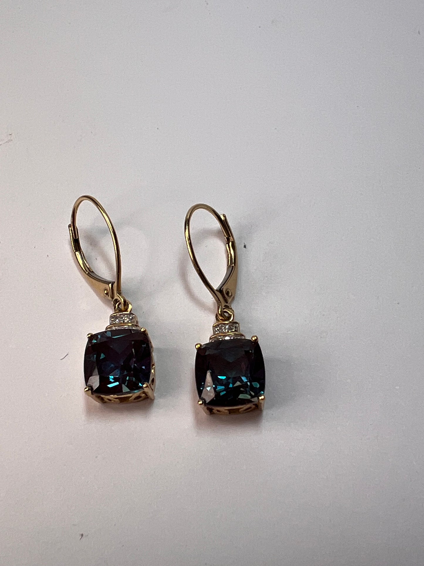 10k gold Lab alexandrite and diamond lever back earrings