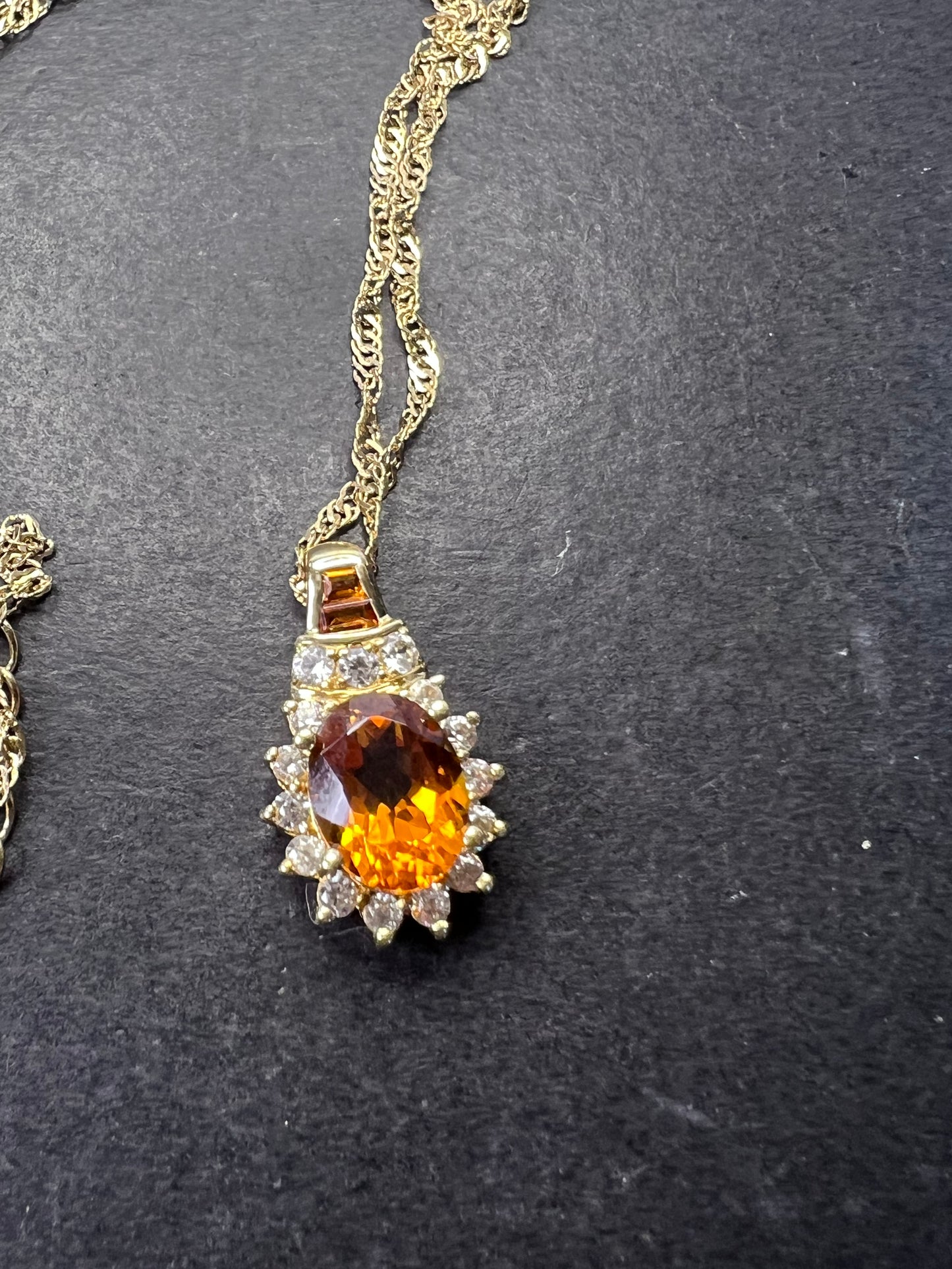 Mandarin citrine and white topaz halo pendant necklace in 14k gold over sterling silver