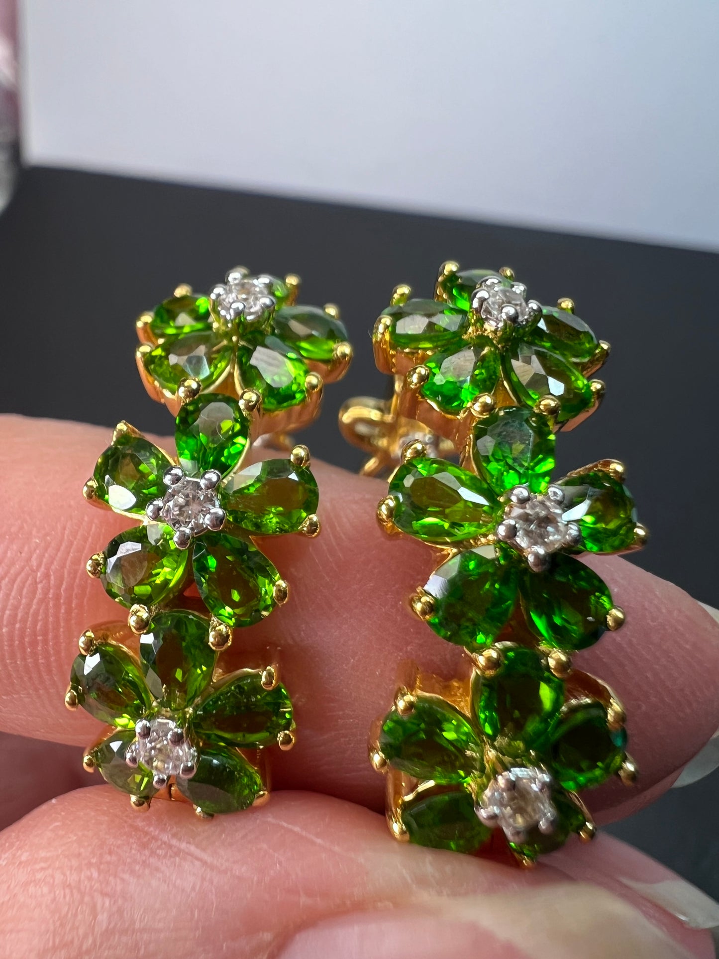 Chrome diopside and white topaz vermeil flower hoop earrings