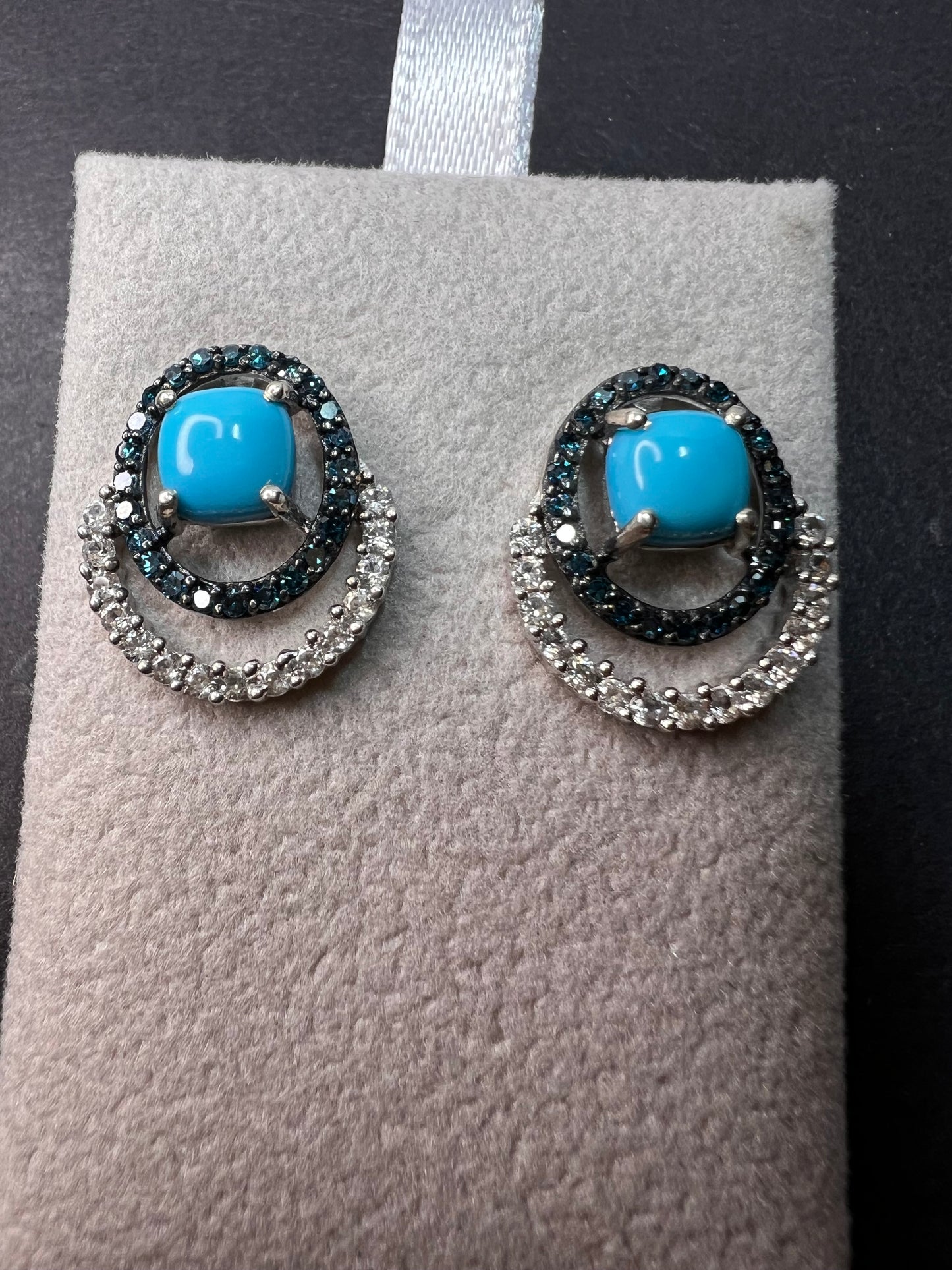 Sleeping Beauty turquoise and blue diamond double ring earrings in platinum over sterling silver