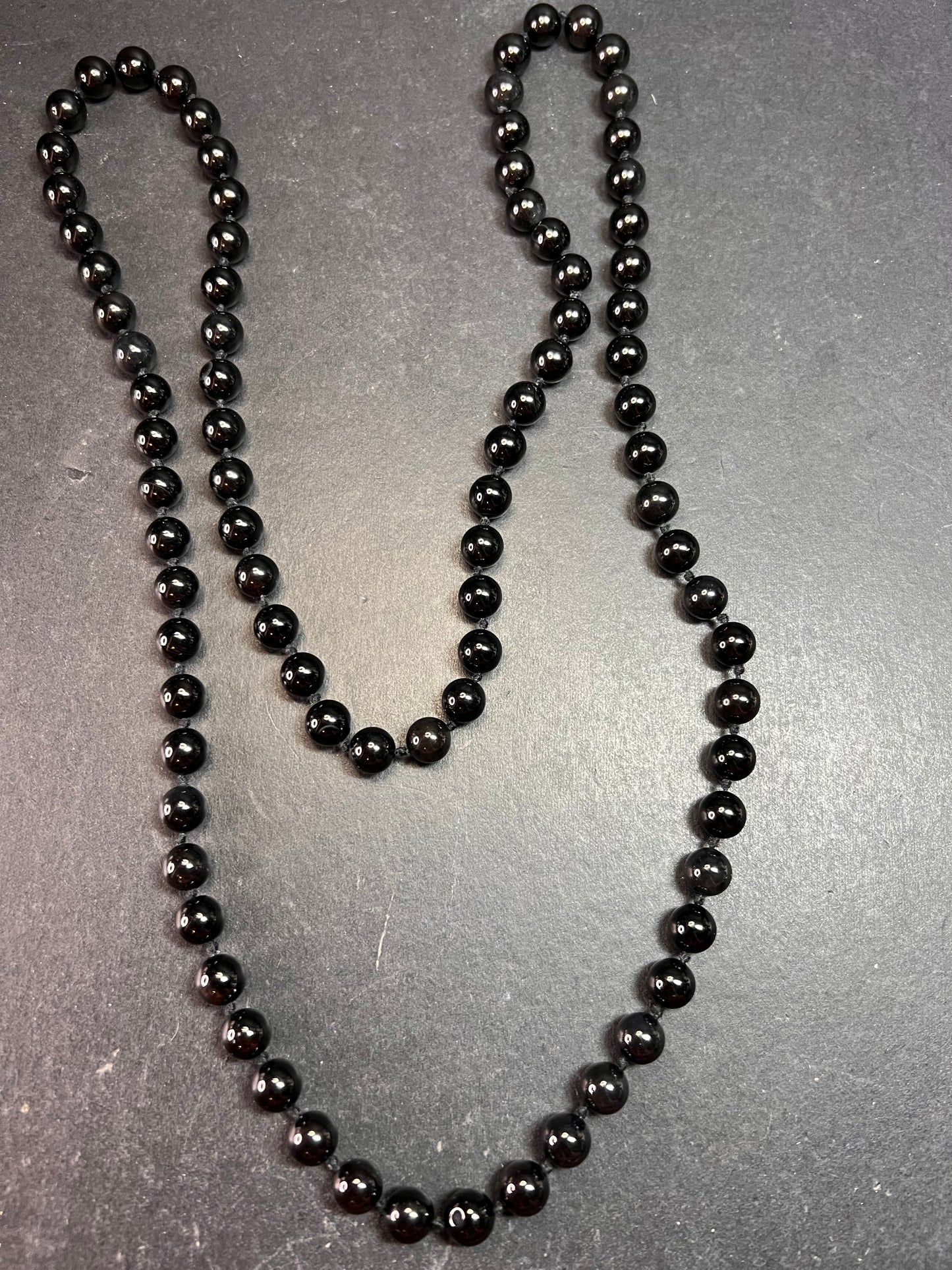 Estate Black Onyx Endless Necklace 8mm Knotted Beads 34 Inch Modern