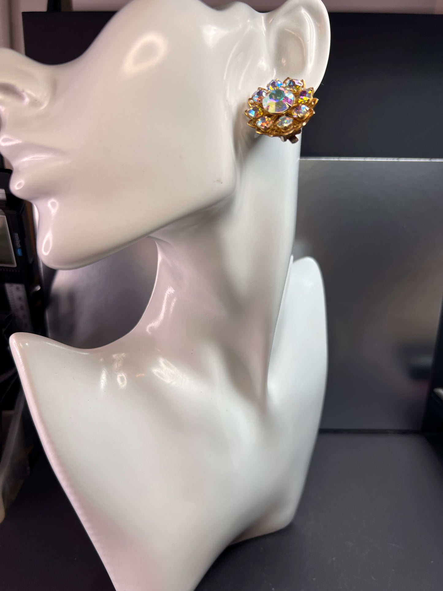 Vintage AB Rhinestone Floral Clip-On Earrings | Mid-Century Costume