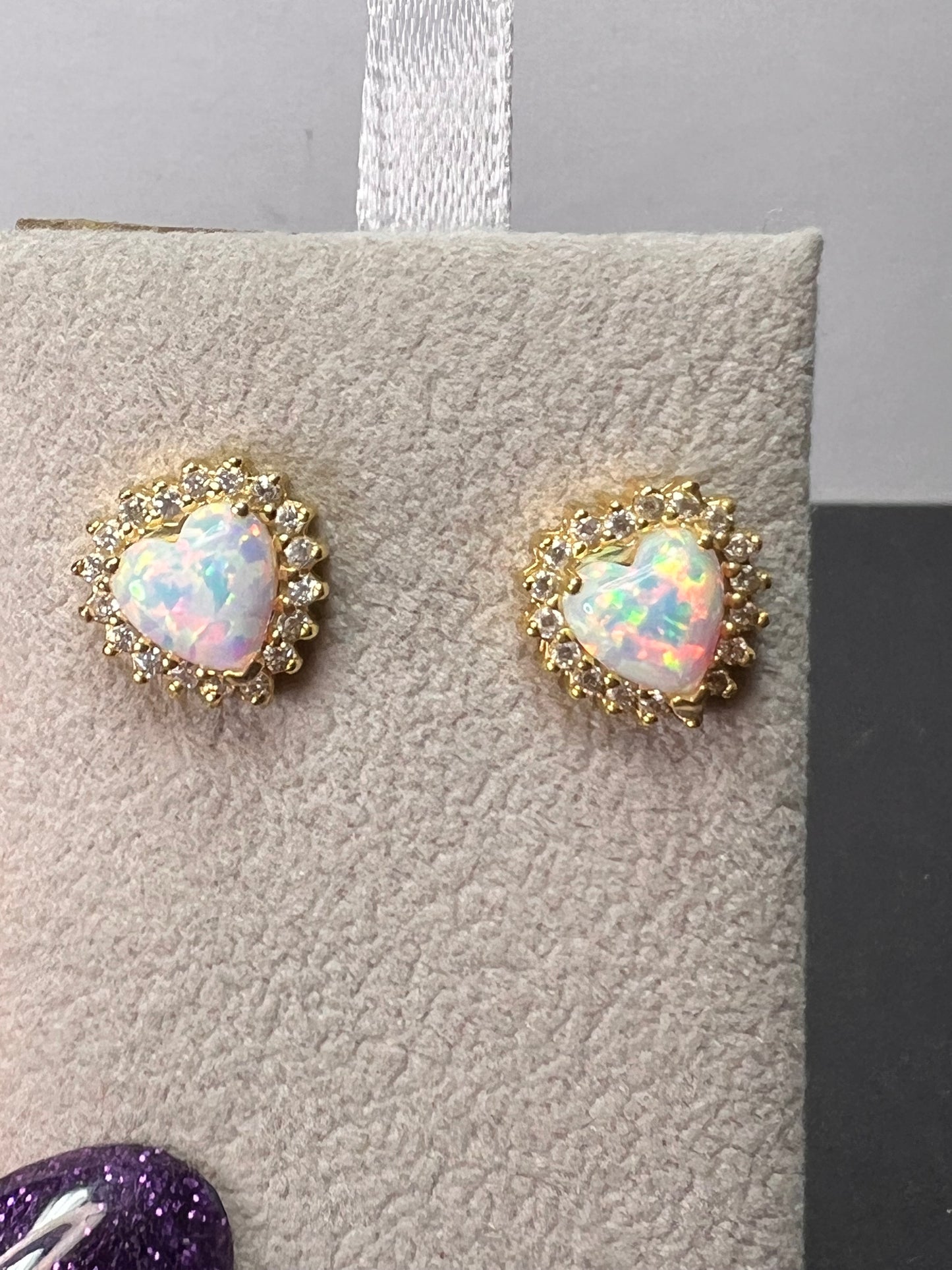 Lab opal heart halo gold over sterling stud earrings