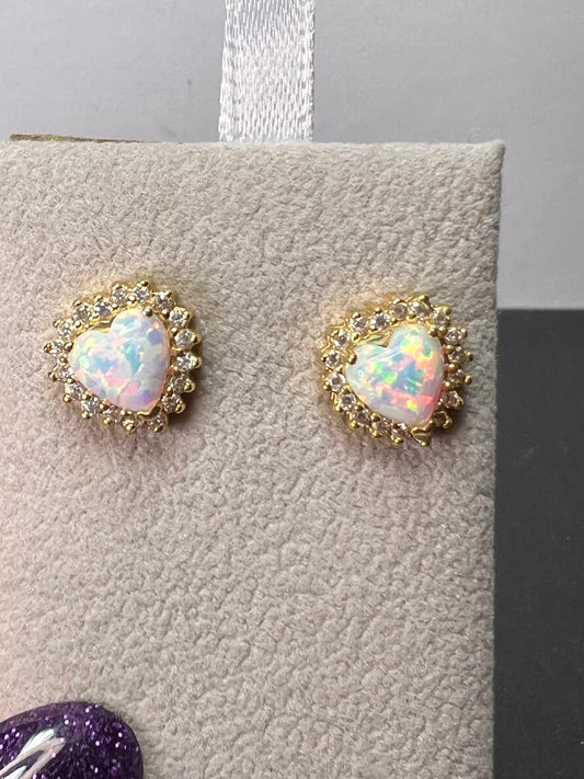 Lab opal heart halo gold over sterling stud earrings