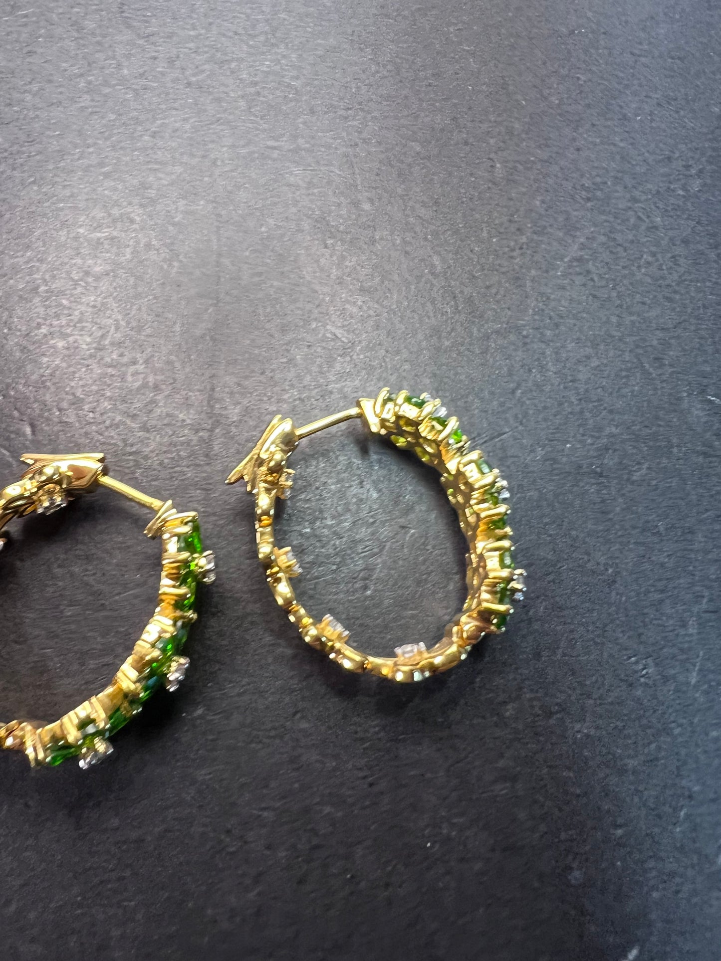 Chrome diopside and white topaz vermeil flower hoop earrings