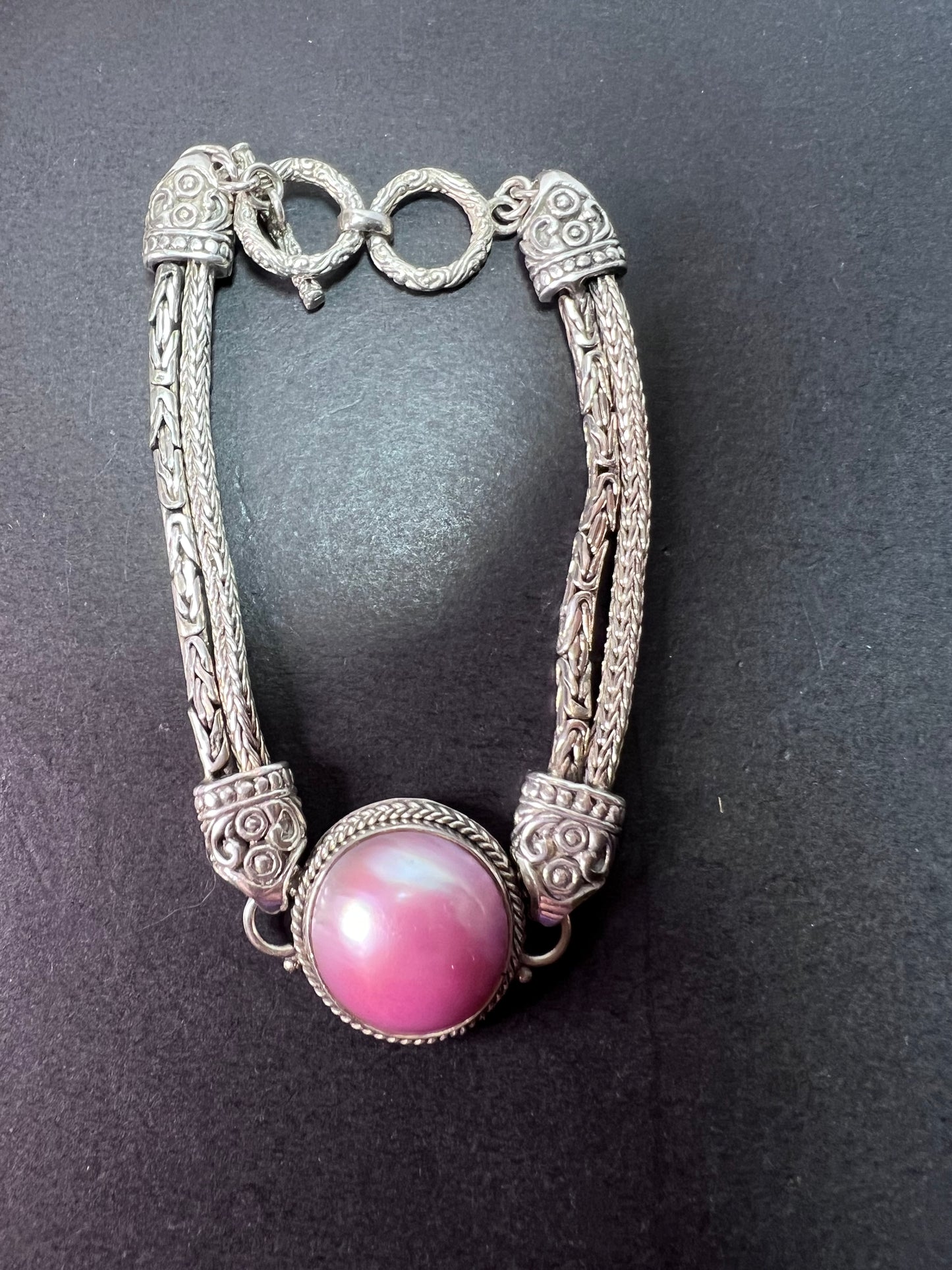 Bali sterling silver pink mabe pearl toggle clasp bracelet