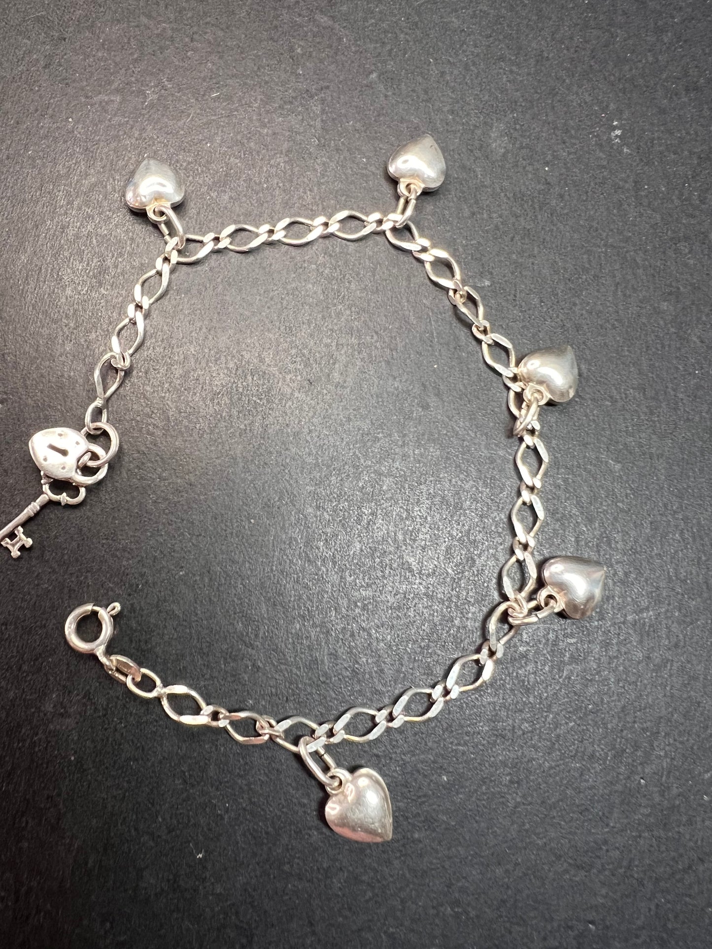Vintage sterling silver puffy hearts lock and key charm bracelet 7.5 inch
