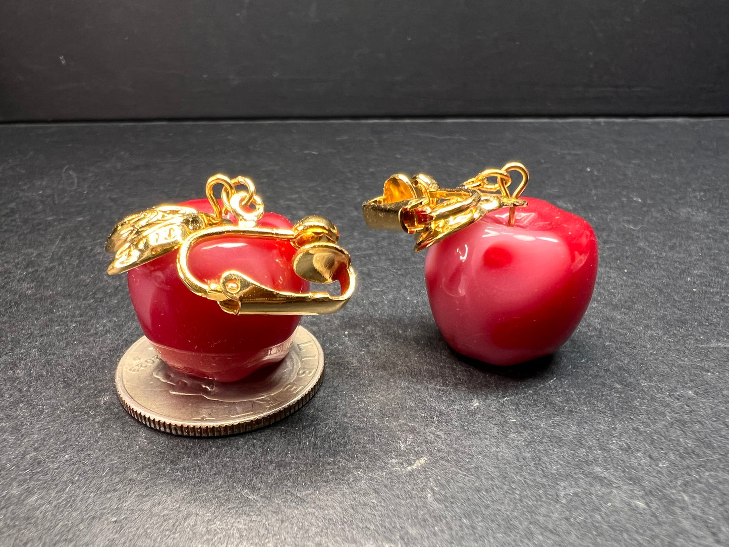 Avon "Apple A Day" Vintage Clip Earrings | Red Lucite Dangle Costume Jewelry