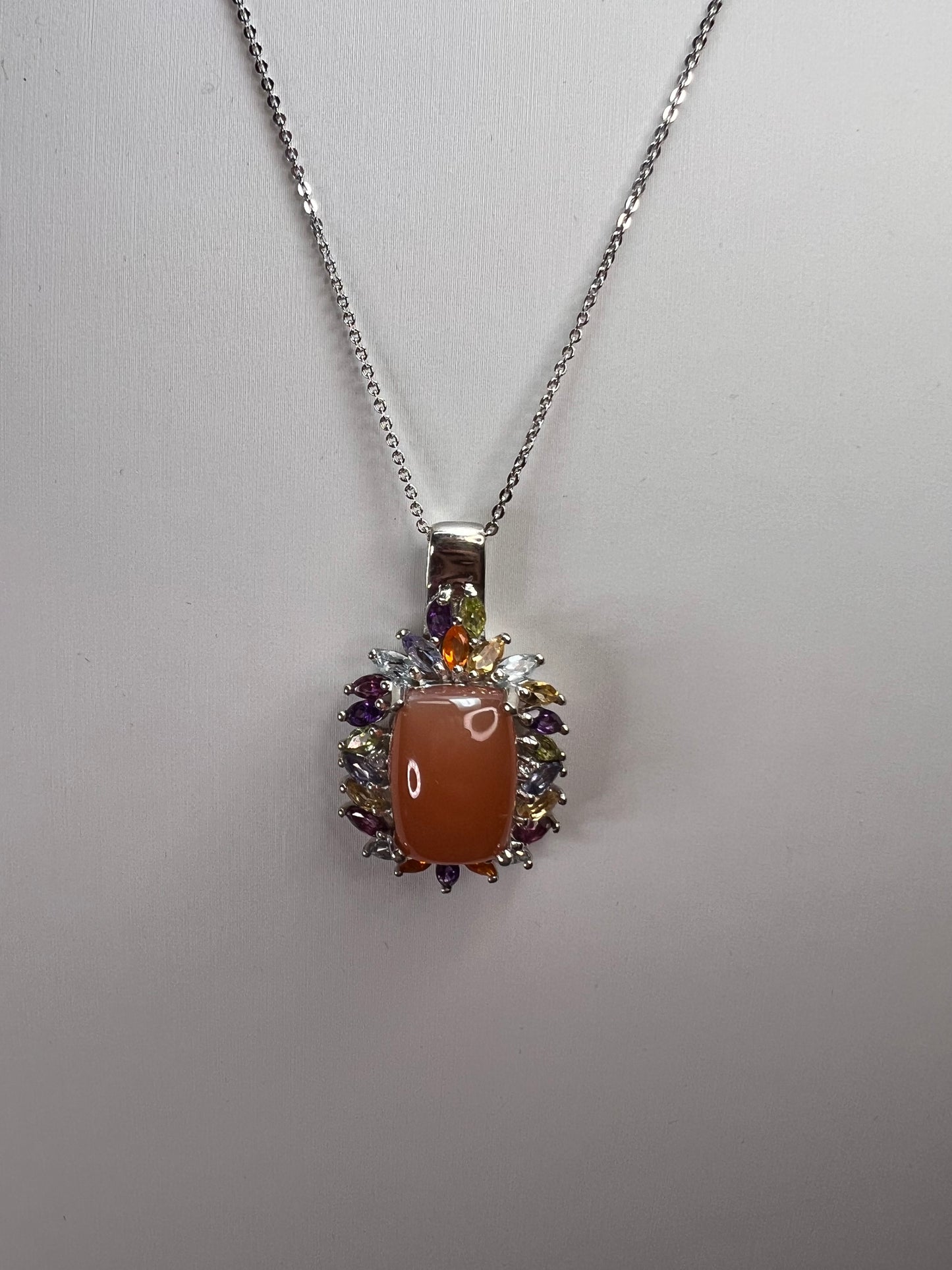 Peach moonstone multi gemstone pendant necklace in platinum over sterling silver