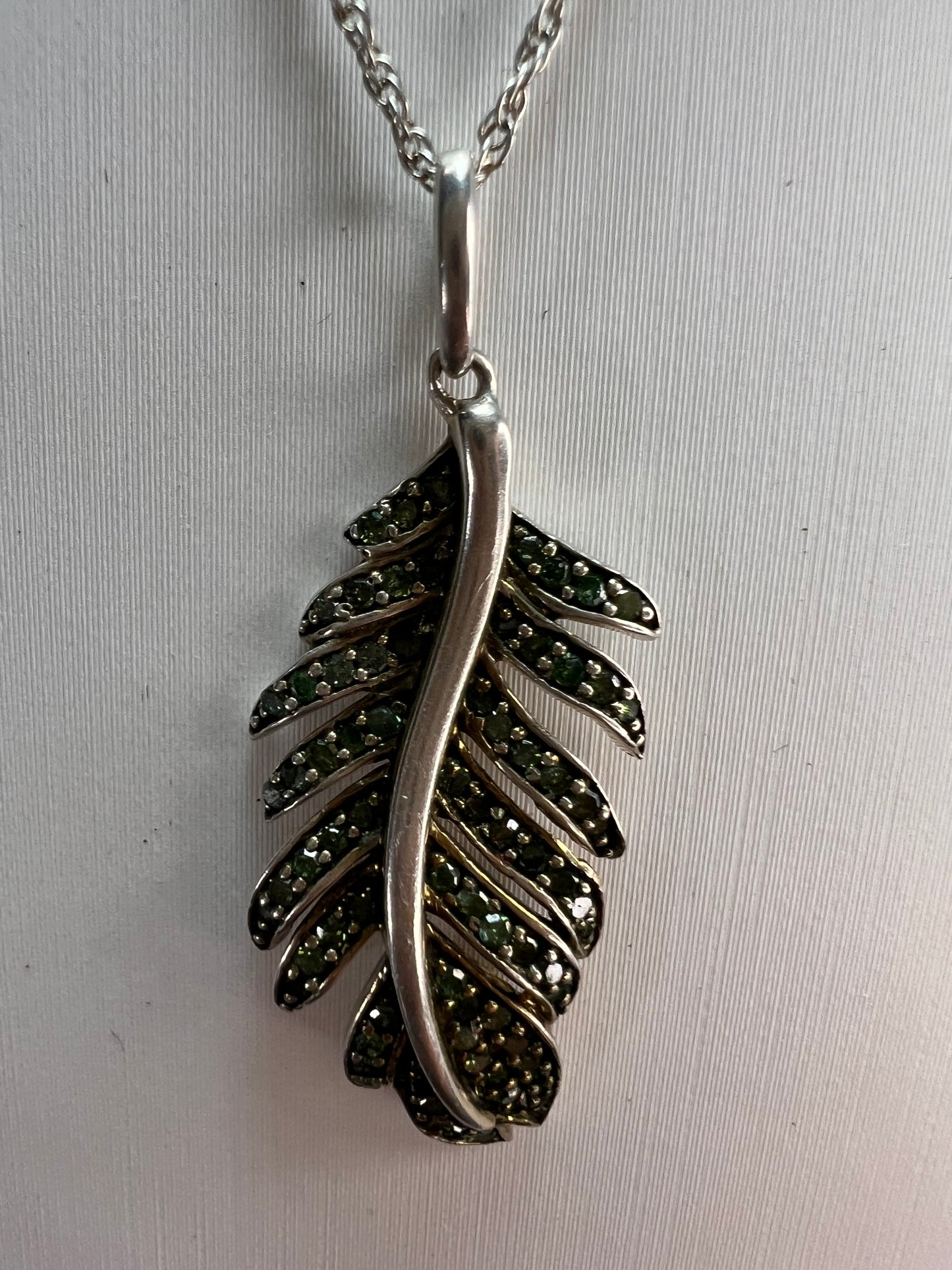 Natural green diamonds feather pendant and chain necklace in white gold over sterling silver