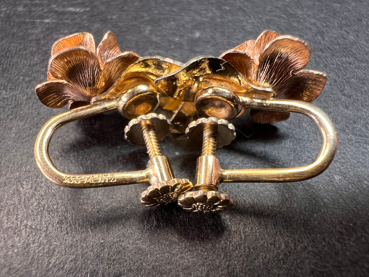 Vintage Krementz Rose and yellow gold tone Flower Leaf Screw Back Earrings