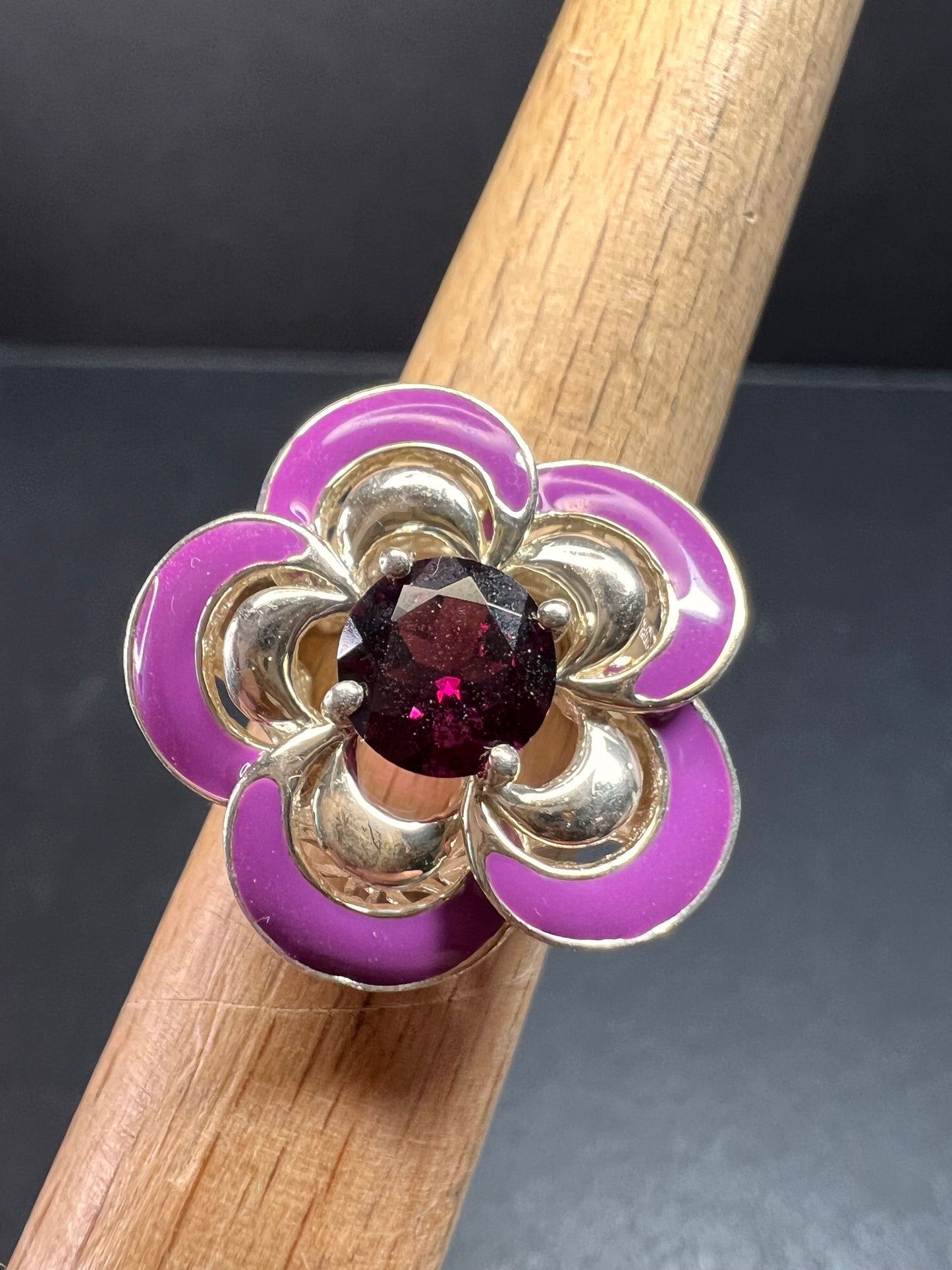 Ross Simons garnet and enamel flower sterling silver ring size 5