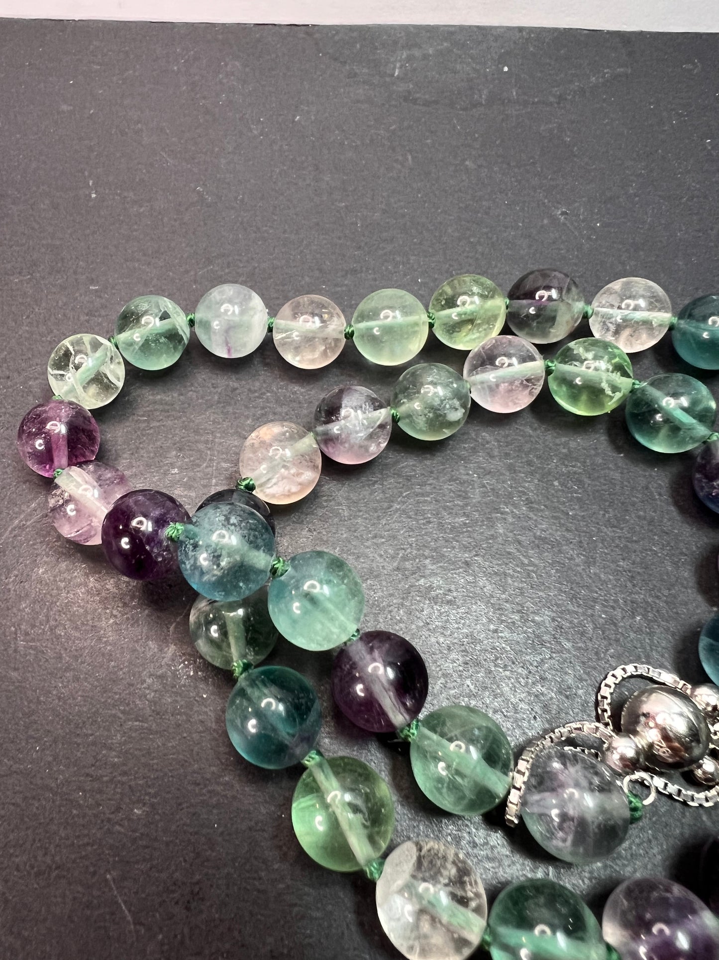 Fluorite knotted beaded bolo necklace with sterling silver magnetic clasp