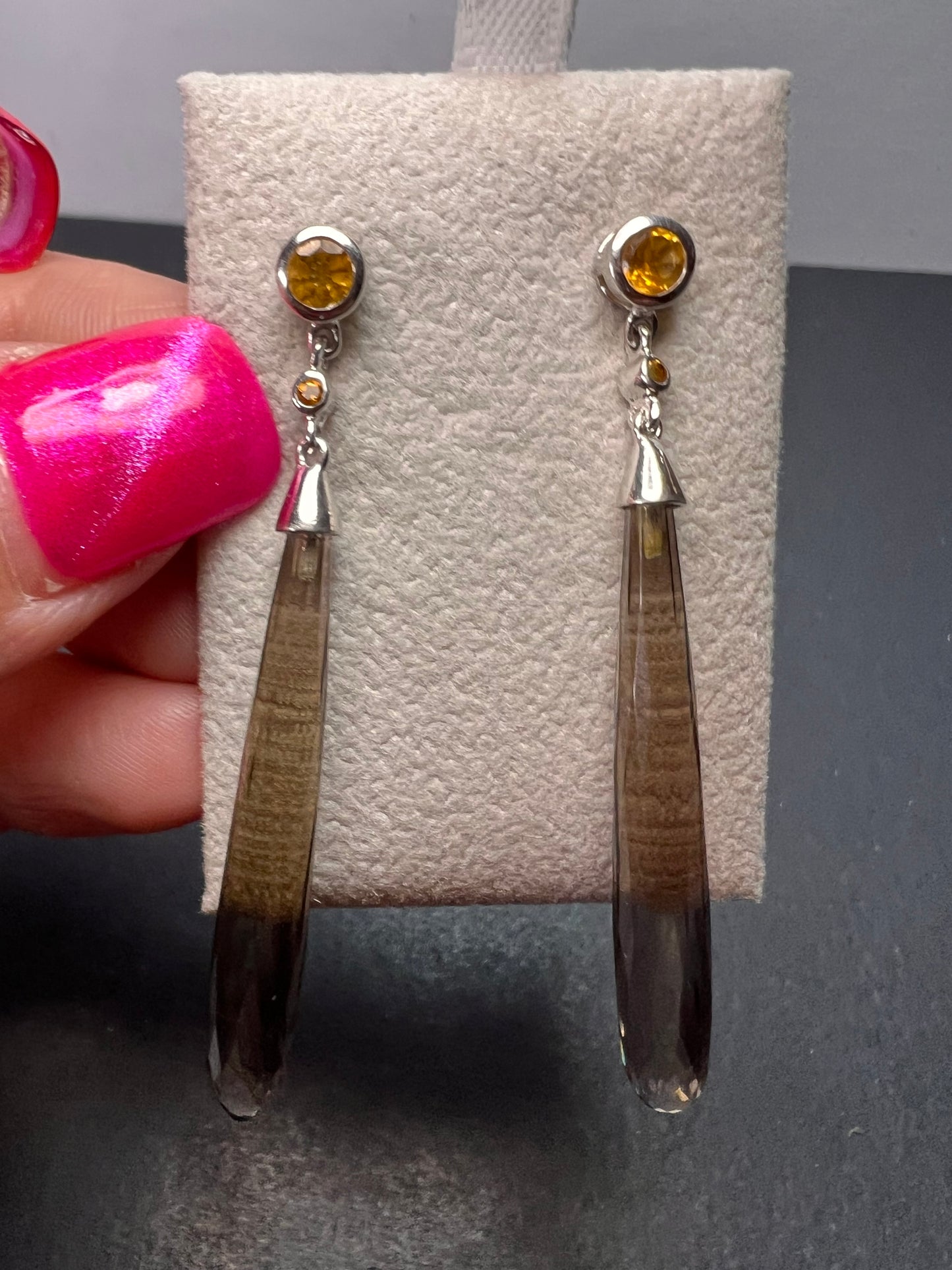 Smoky quartz and citrine sterling silver long dangle earrings