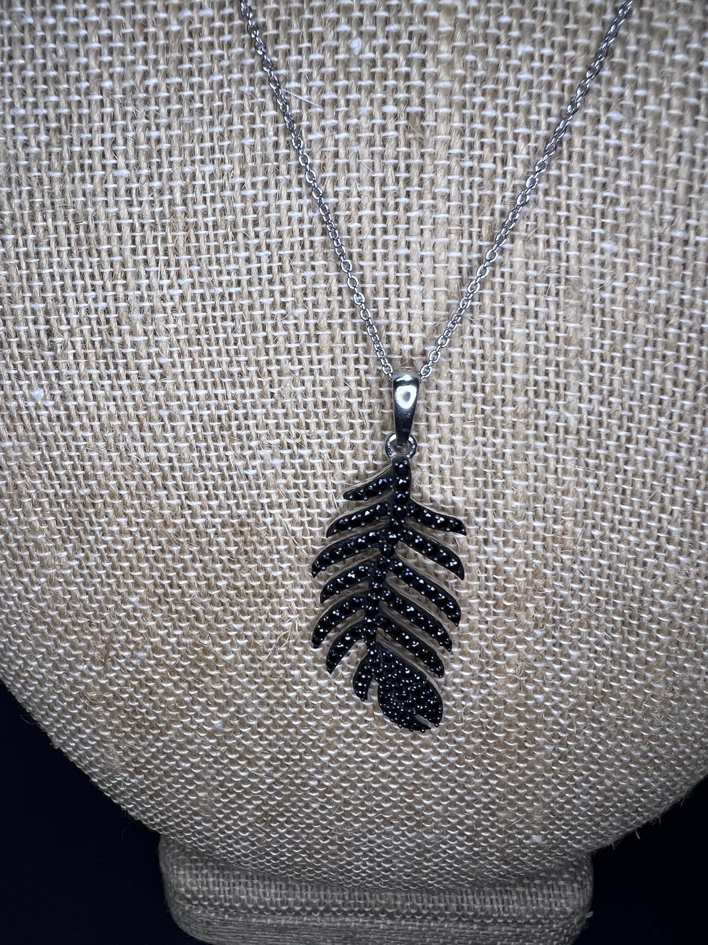 Black Spinel Sterling Silver Feather Pendant With 18 inch Chain