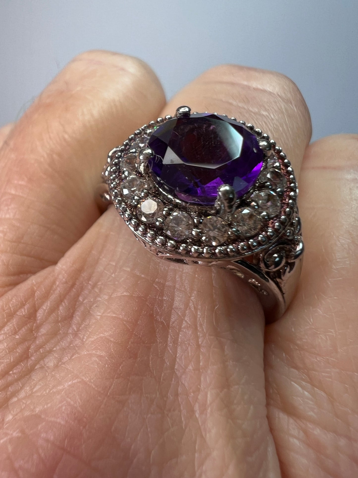 Amethyst and white spinel sterling silver halo ring size 9