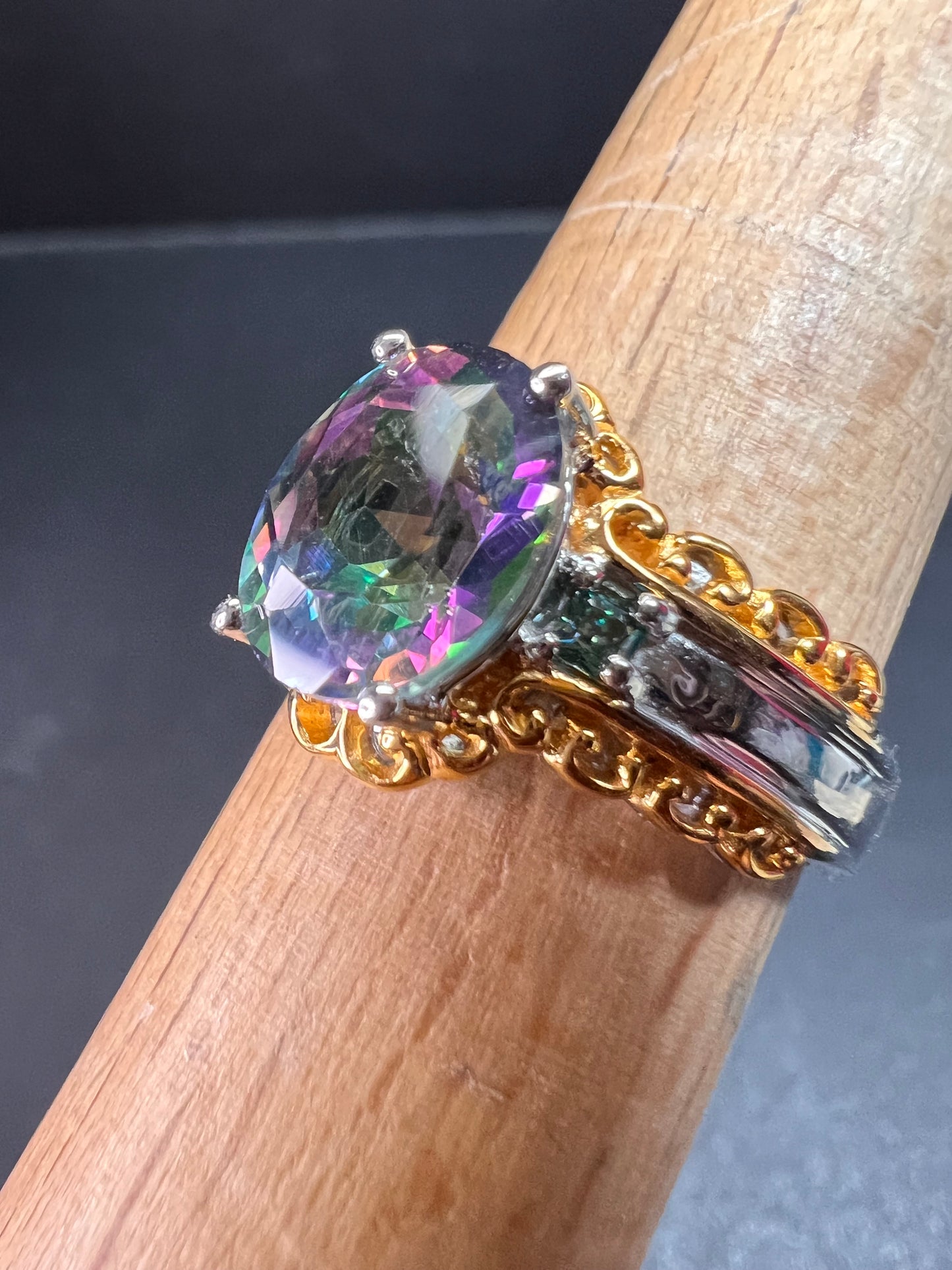 NEW green mystic topaz two toned sterling silver ring size 8