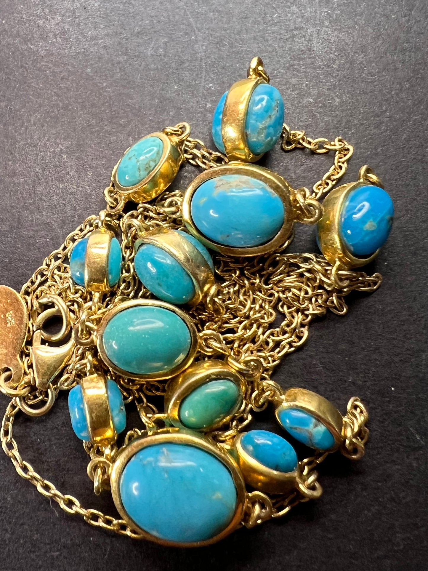 Turquoise 36 inch station necklace in vermeil yellow gold over sterling silver