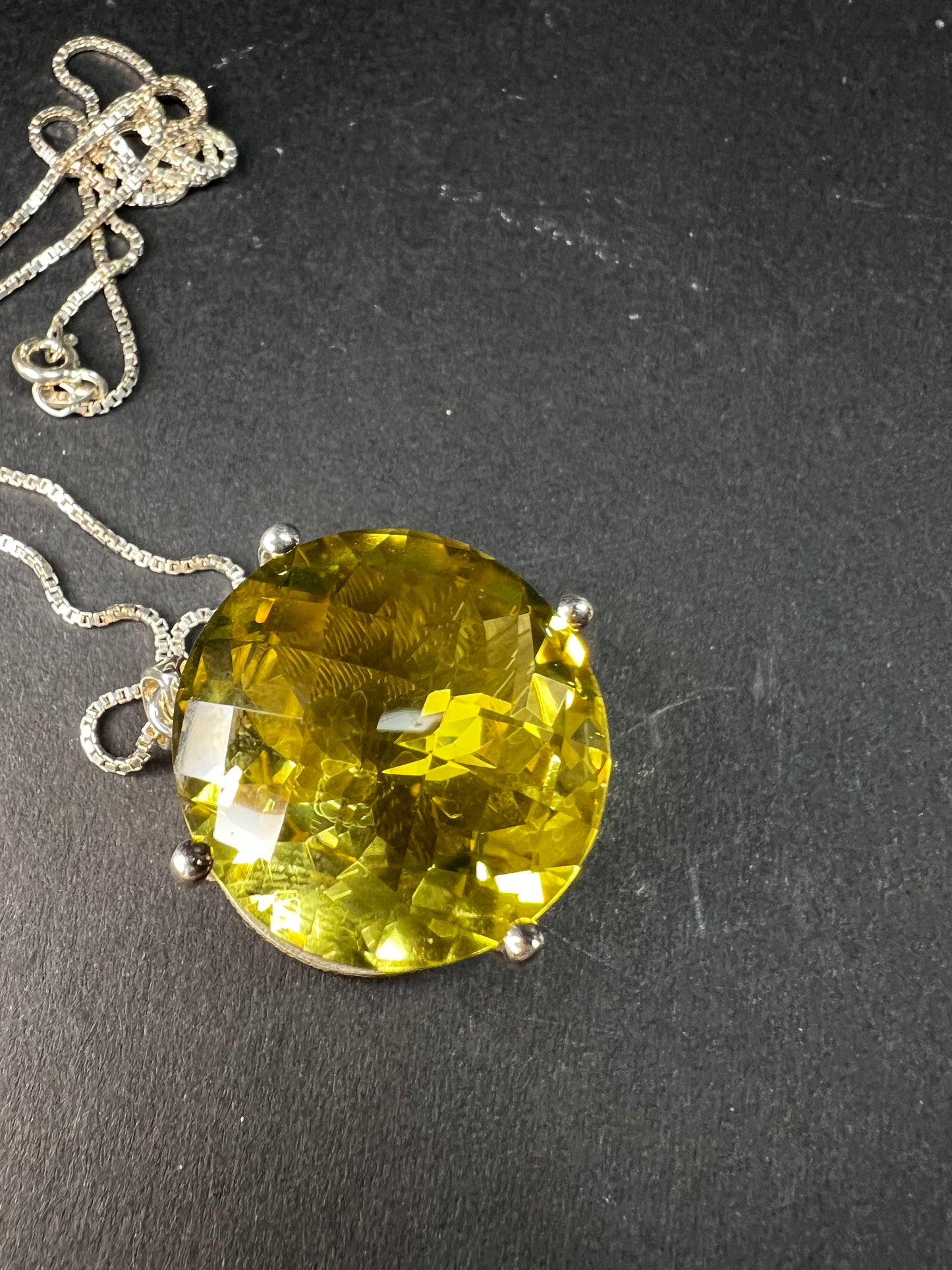 Huge Lemon Quartz Sterling Silver Statement Pendant Necklace 18” Chain